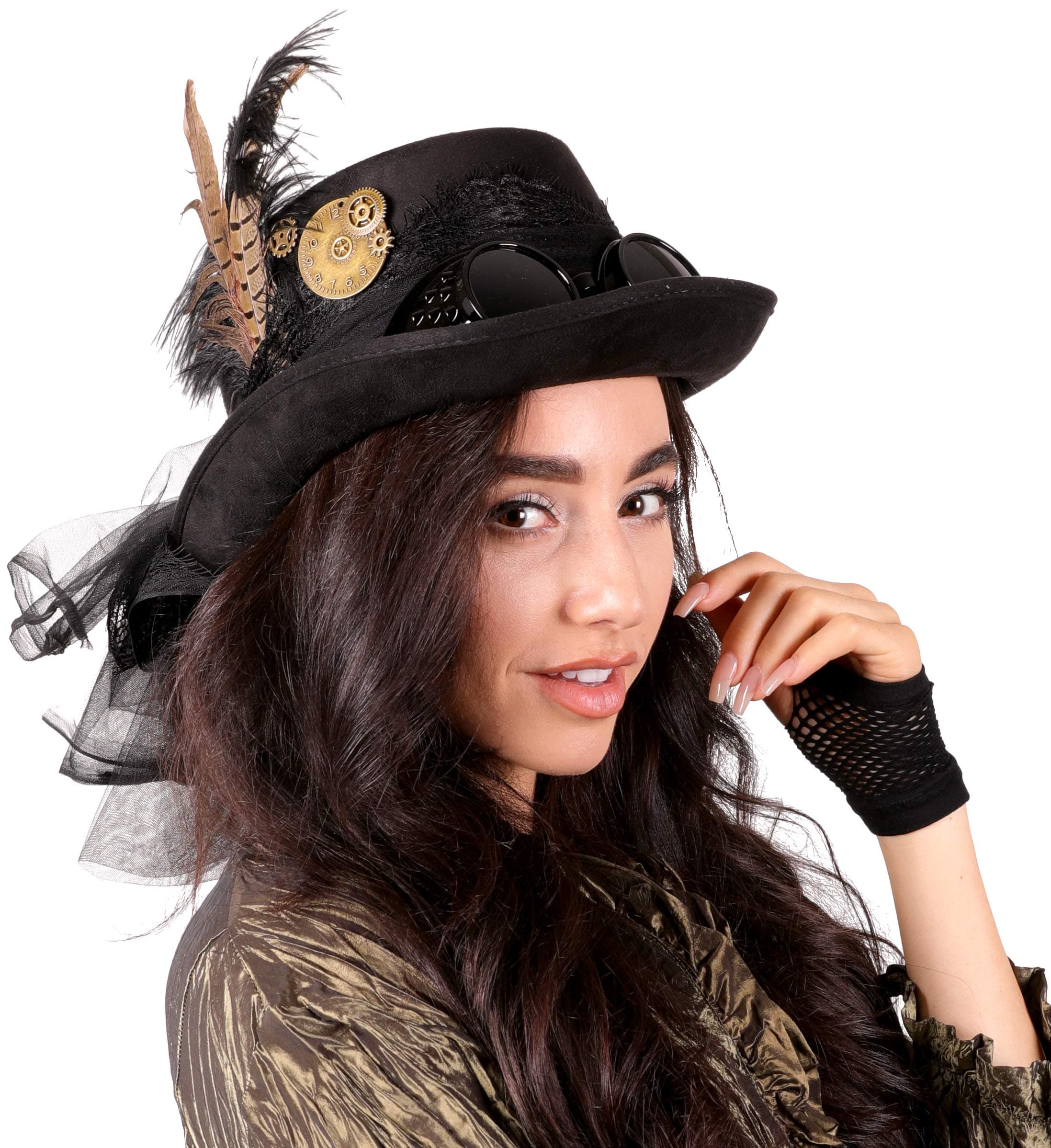 Narwhal NoveltiesDeluxe Halloween Costume Hat; Black, Velvet 4.5" Steampunk Hat with Removable Steampunk Goggles Attached Feather, Gears Victorian-Era Fashion Accessory
