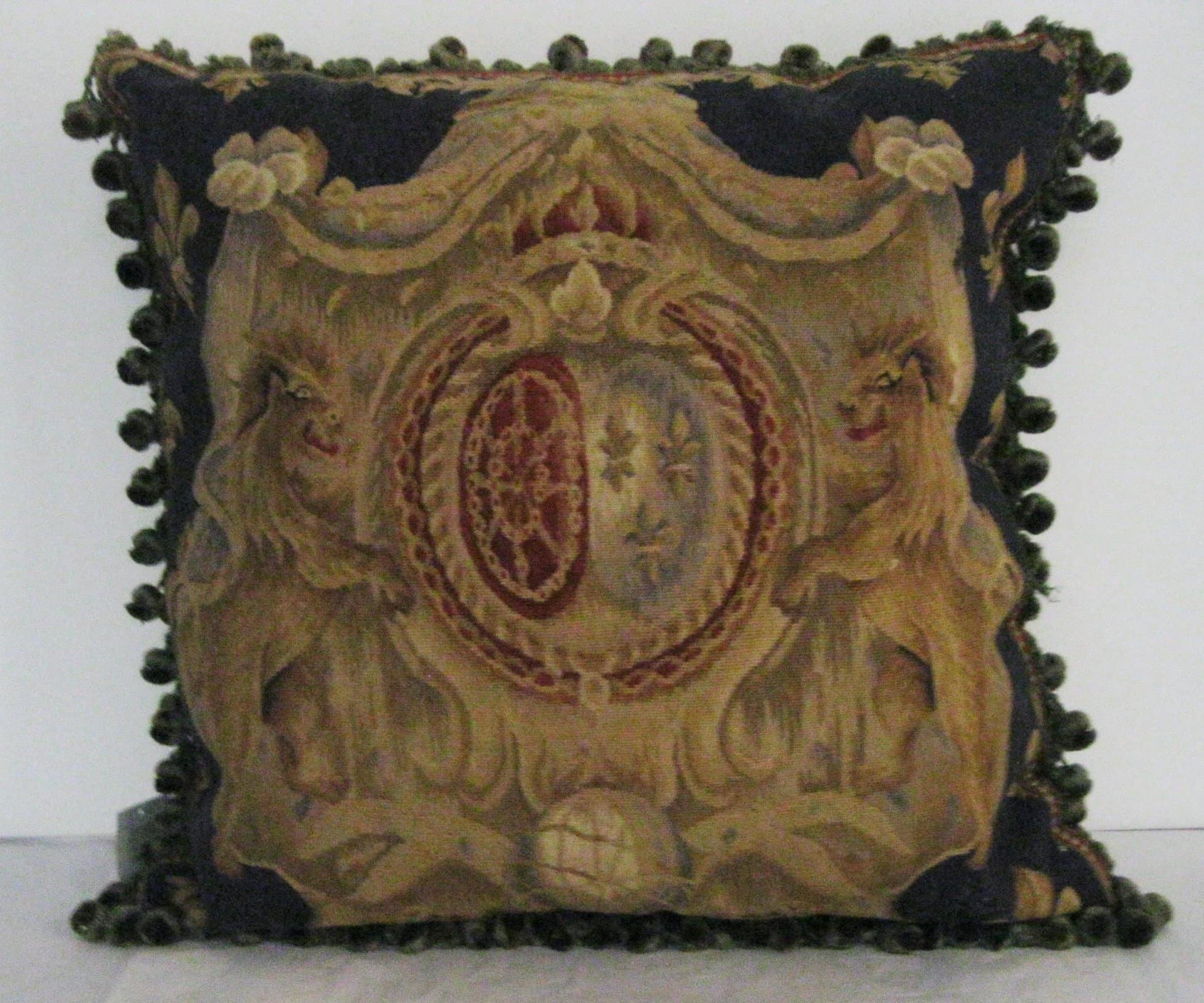 Aubusson Handmade Pair of Sphinxes and Fleur di Lis Decorated Pillow 22 x 22 Inches