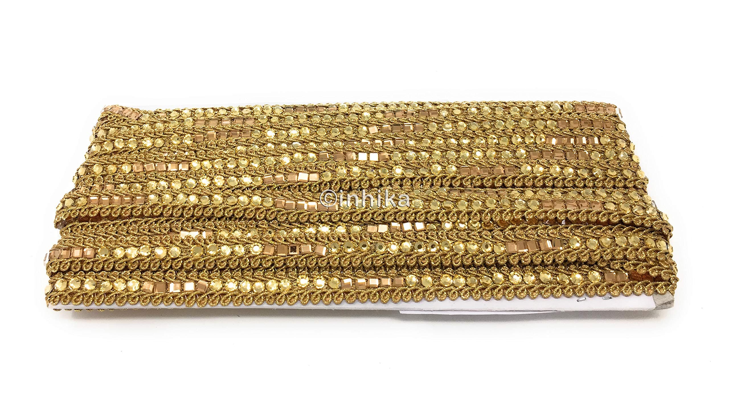 Inhika 9 Yard lace Border Trim for Women Saree Dupatta Gold Colour Gold, Pearl Beaded, Polyester Material Very Thin Width at 1 cm Wide