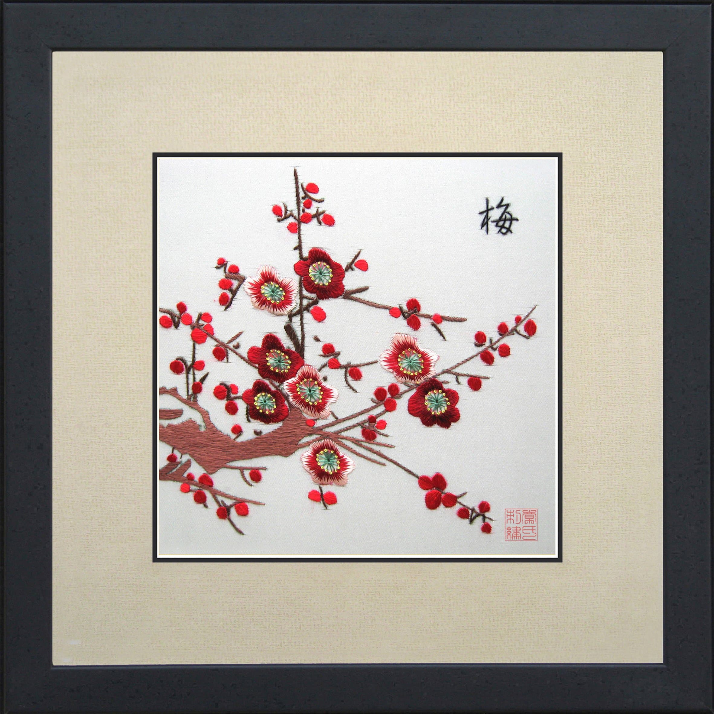 King Silk Art 100% Handmade Embroidery Japanese Winter Cherry Blossoms Chinese Print Framed Flower Floral Painting Gift Oriental Asian Wall Art D¨¦cor Artwork Hanging Picture Gallery 36065WFB1