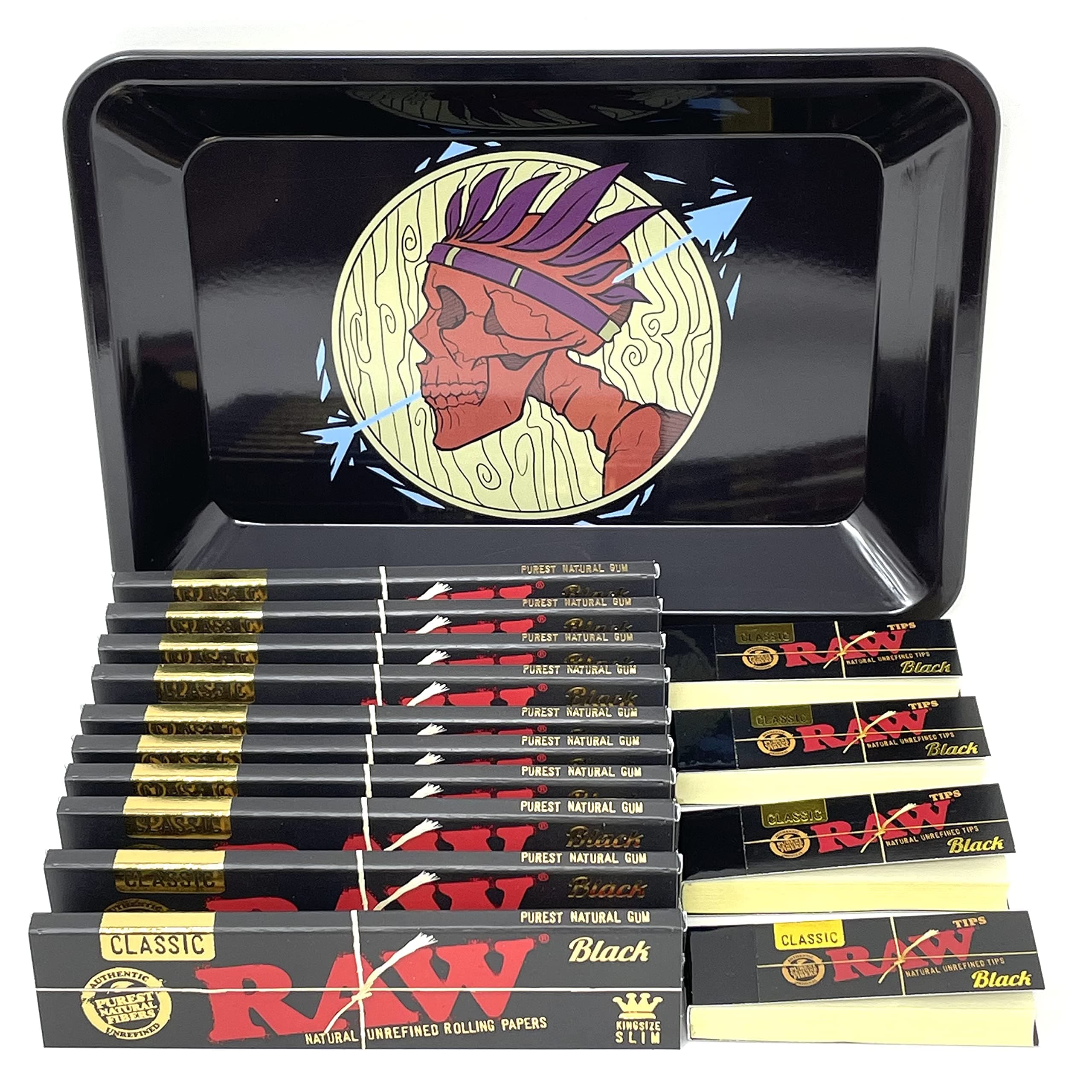 Reds Global Skull Mini Metal Tray RAW Classic Black King Size Slim [10 Pack + 4 Black Tips] Rolling Papers
