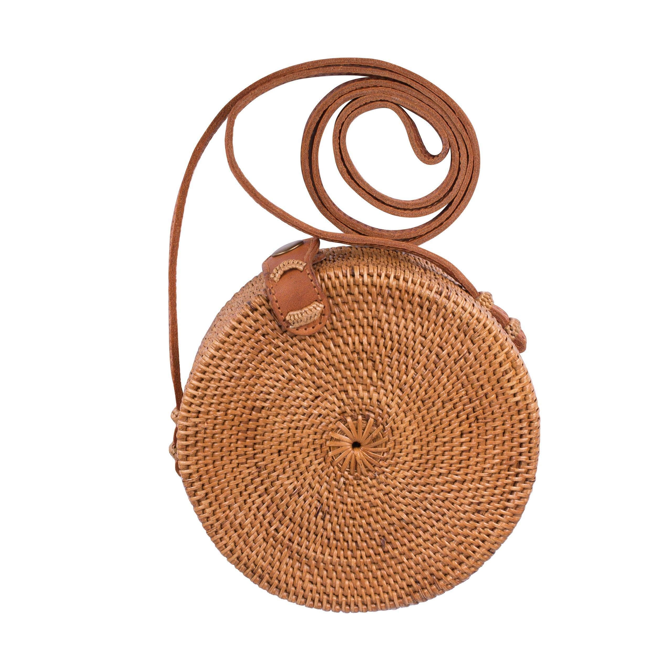 Women's Bohemian Rattan Round Sling Handbag, Beige & Brown, All Seasons