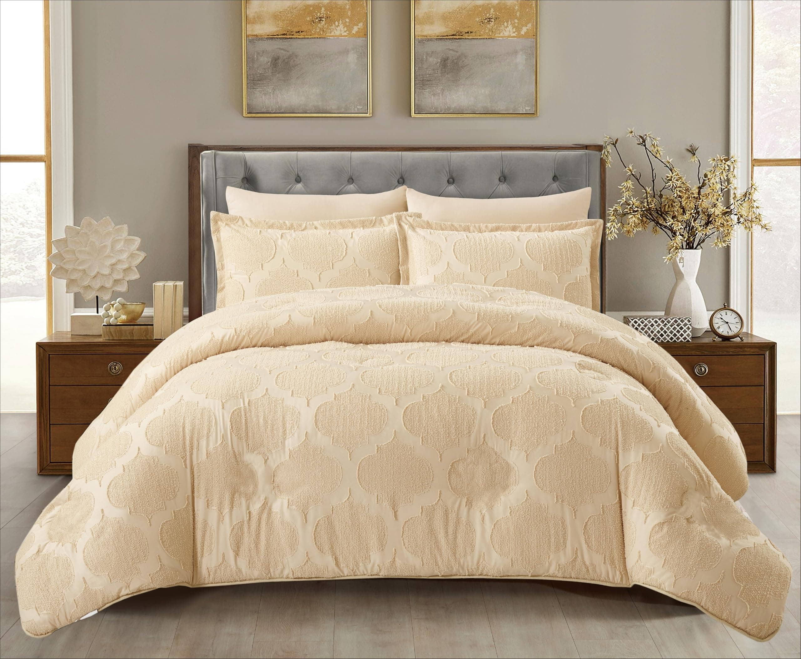 DONETELLA Embroidered Duvet Set, Fits 200×200 cm King Size, 6 Piece Tufted Bed Set, Microfiber Fabric-1 Duvet Cover, 1 Fitted Sheet, 2 Pillow Shams & 2 Pillowcases-Filler Not Included