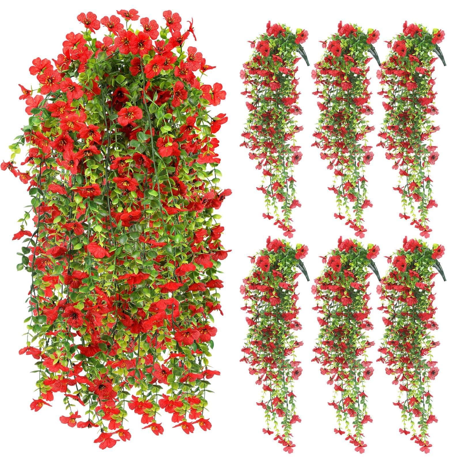 FineCheer6 Pcs Artificial Faux Hanging Flowers Plants Outside Fake Silk Mums Violets with Eucalyptus Realistic UV Resistant Trailing Vines Porch Patio Yard Indoor Wedding Party Favors (Red)