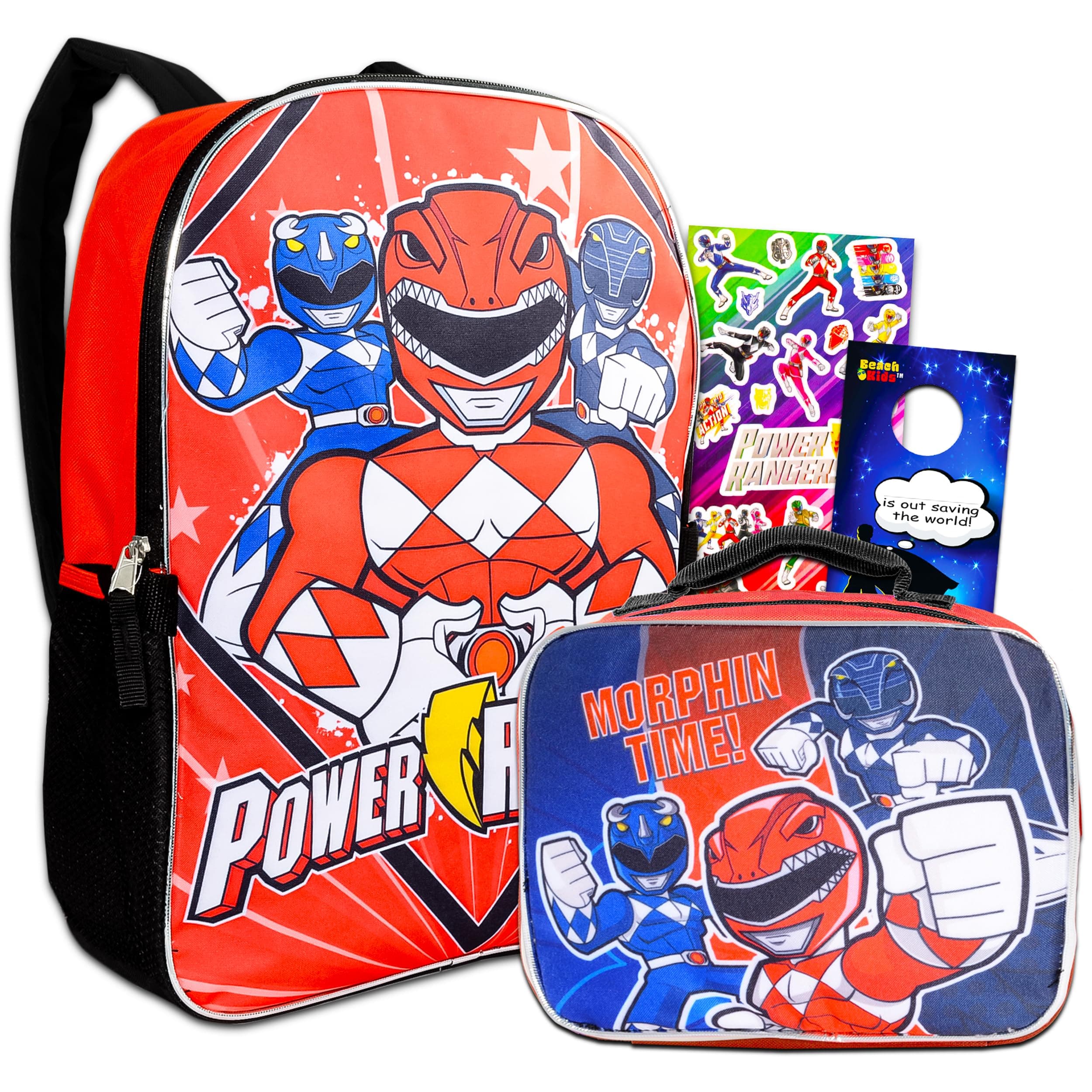 Pink RangerPower Backpack with Lunch Box for Boys, Girls ~ 4 Pc Bundle with Power School Bag, Lunch Bag, Stickers, More