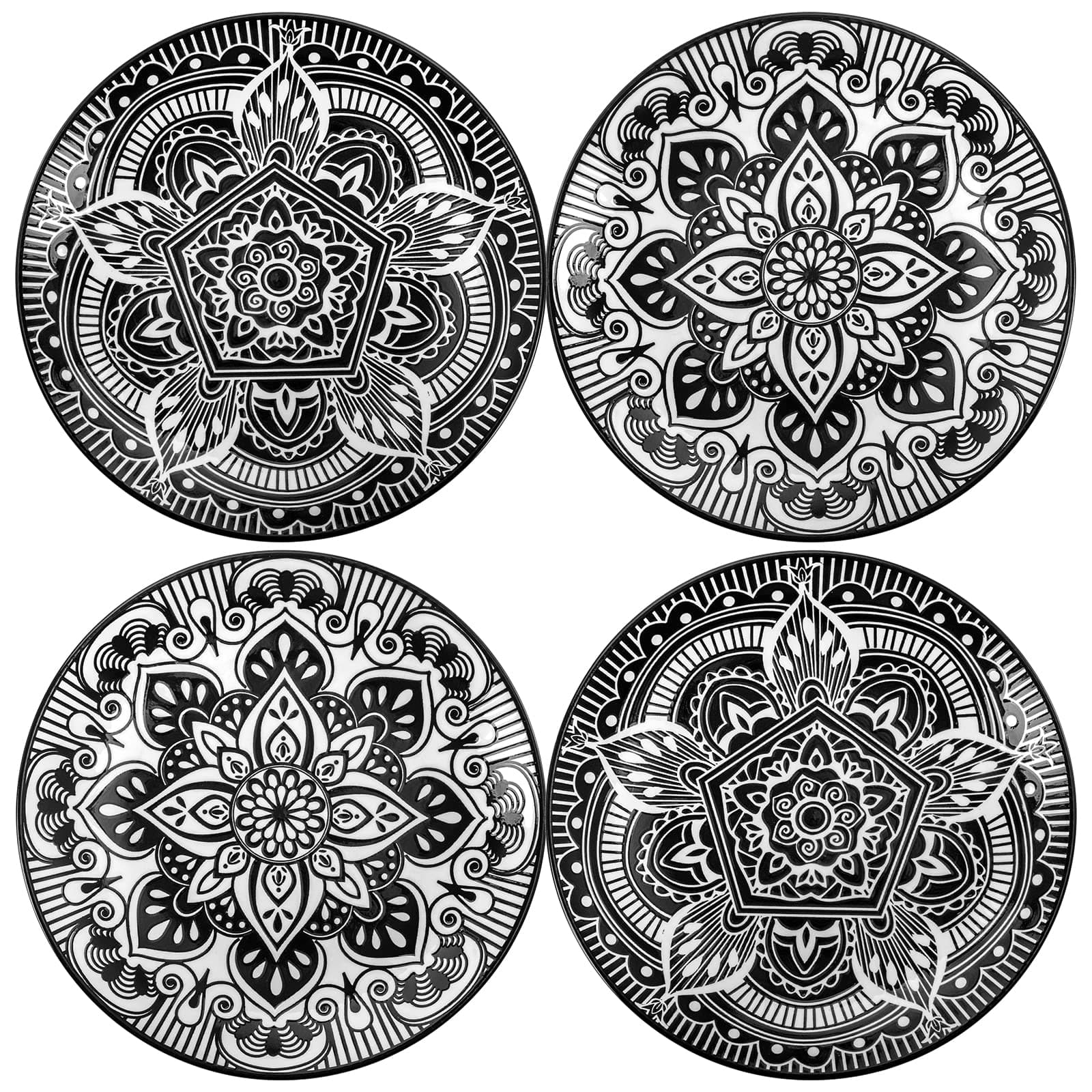 Coloch 4 Pack 8.5 Inch Ceramic Salad Plates, Black and White Floral Dessert Plate Reusable Snack Serving Plate for Pasta, Fruits, Sandwiches, Bar, Home Use, Microwave and Dishwasher Safe