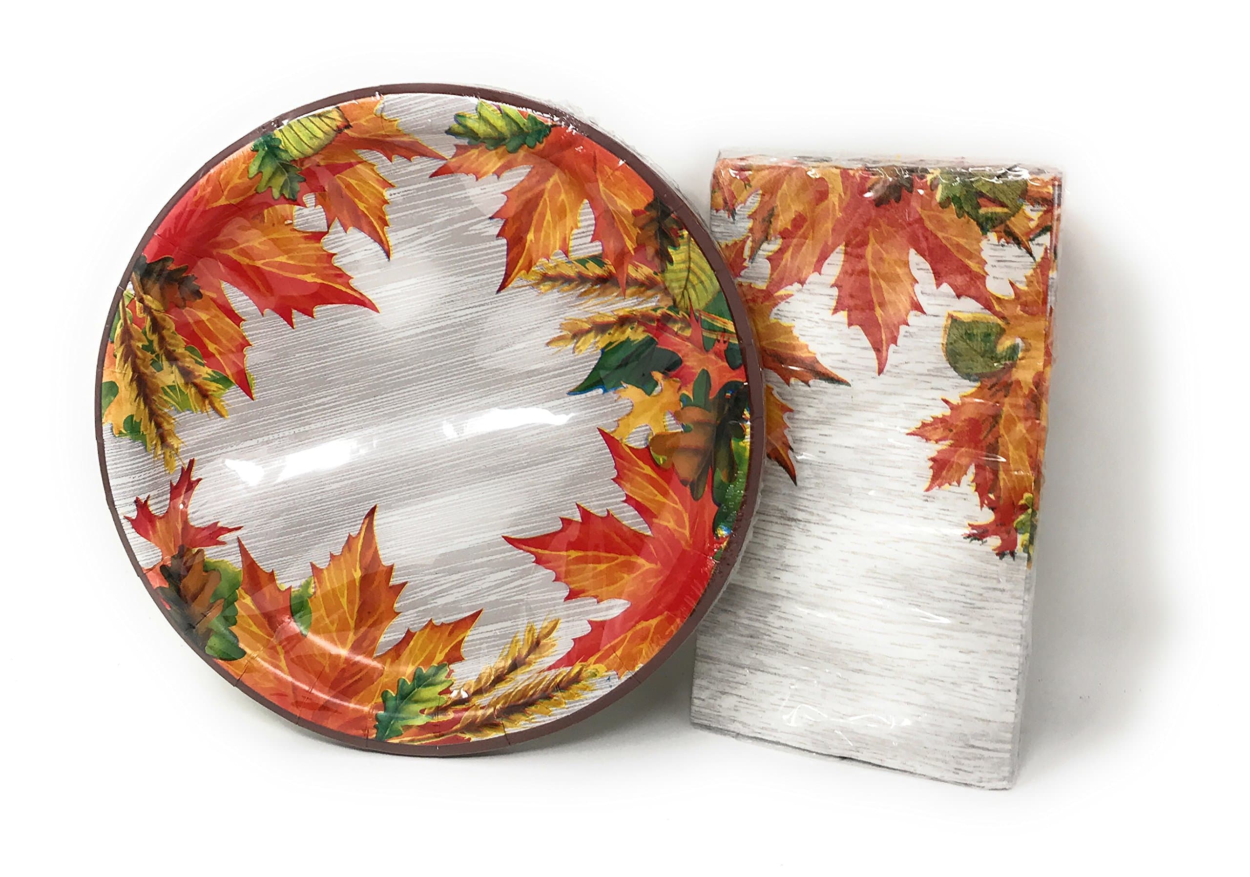 Fall Leaves Decorative Paper Plates and Rectangle Napkin Set (Serves 14)