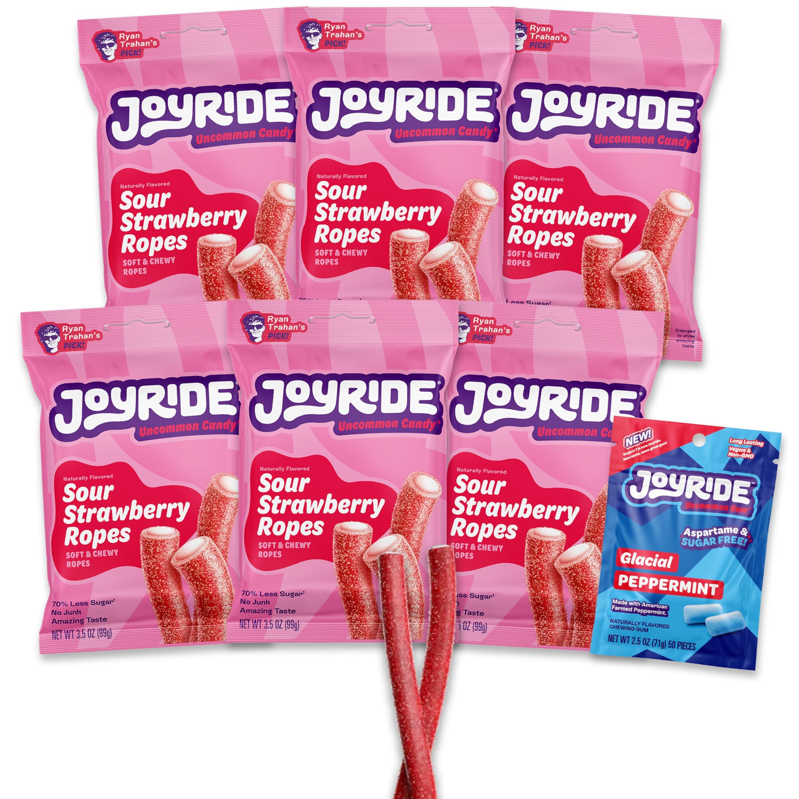 Sour Strawberry Ropes - 3.5 oz 6-Pack Bundle with 2.5oz Glacial Peppermint Gum, Low Sugar Licorice, Low Calorie Sour Candy Ropes, Strawberry Flavor, Dye Free and Plant Based Candy (7 Items)