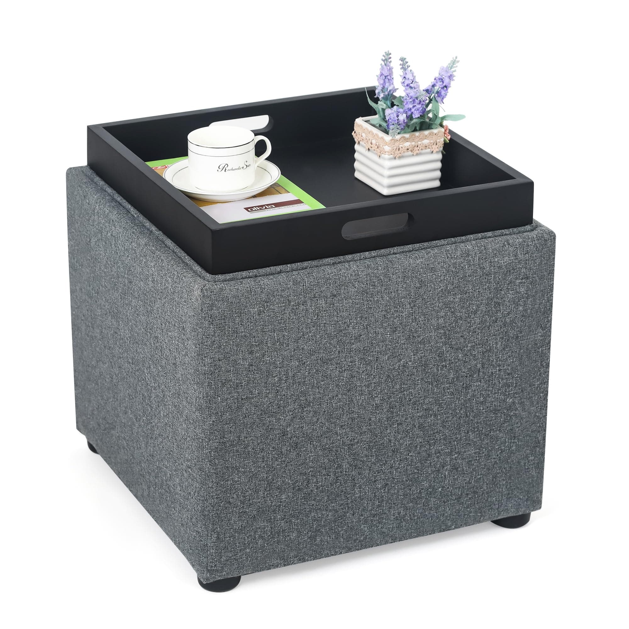 Adeco 17 inch Square Storage Ottoman with Reversible Tray Top, Linen Fabric Footrest Stool & Small Coffee Table for Living Room, Bedroom, and Dorm, Grey