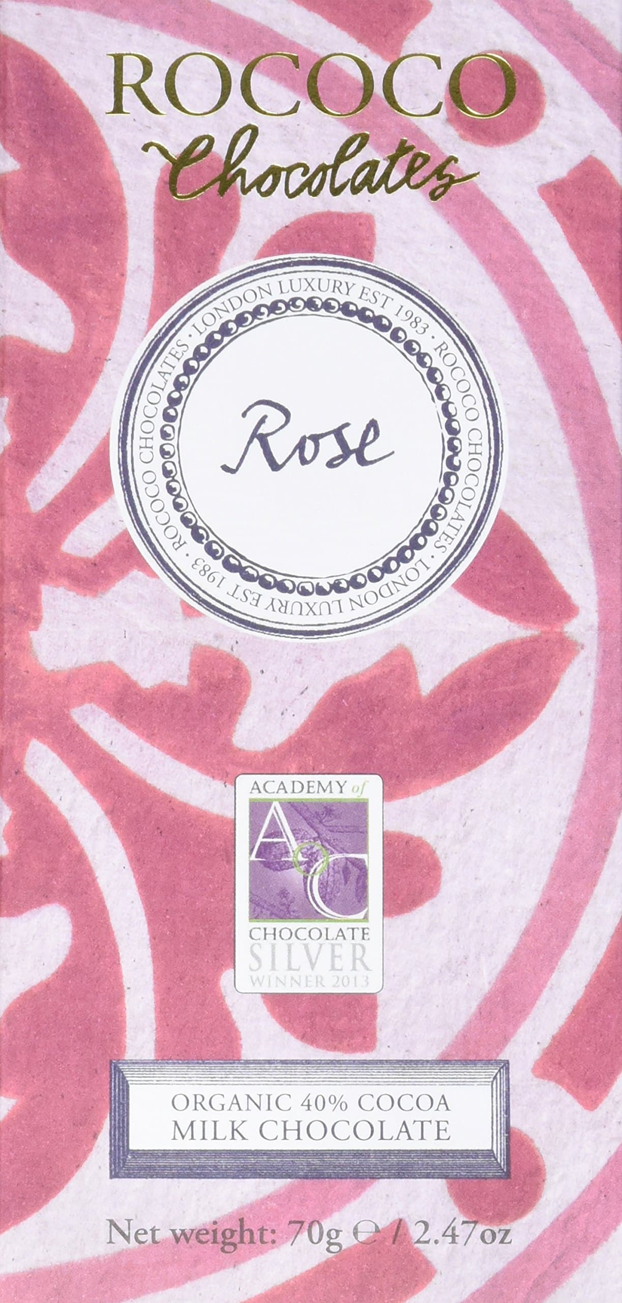 Rococo Chocolates Organic Rose Otto Milk Chocolate Bar 70 g