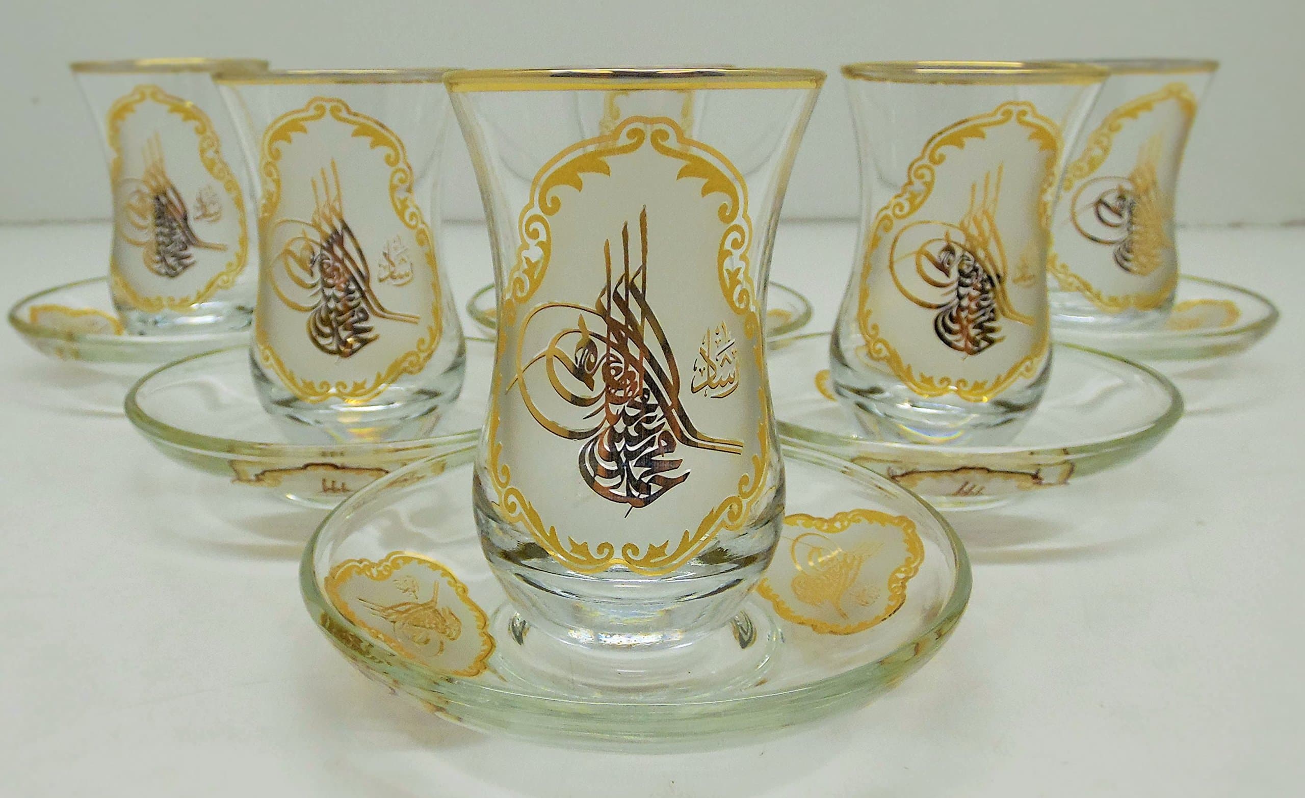 Emir Glass Lux Hand Made Tea Set "Gold-White Ottoman Sign" 6 Glass 6 Plate