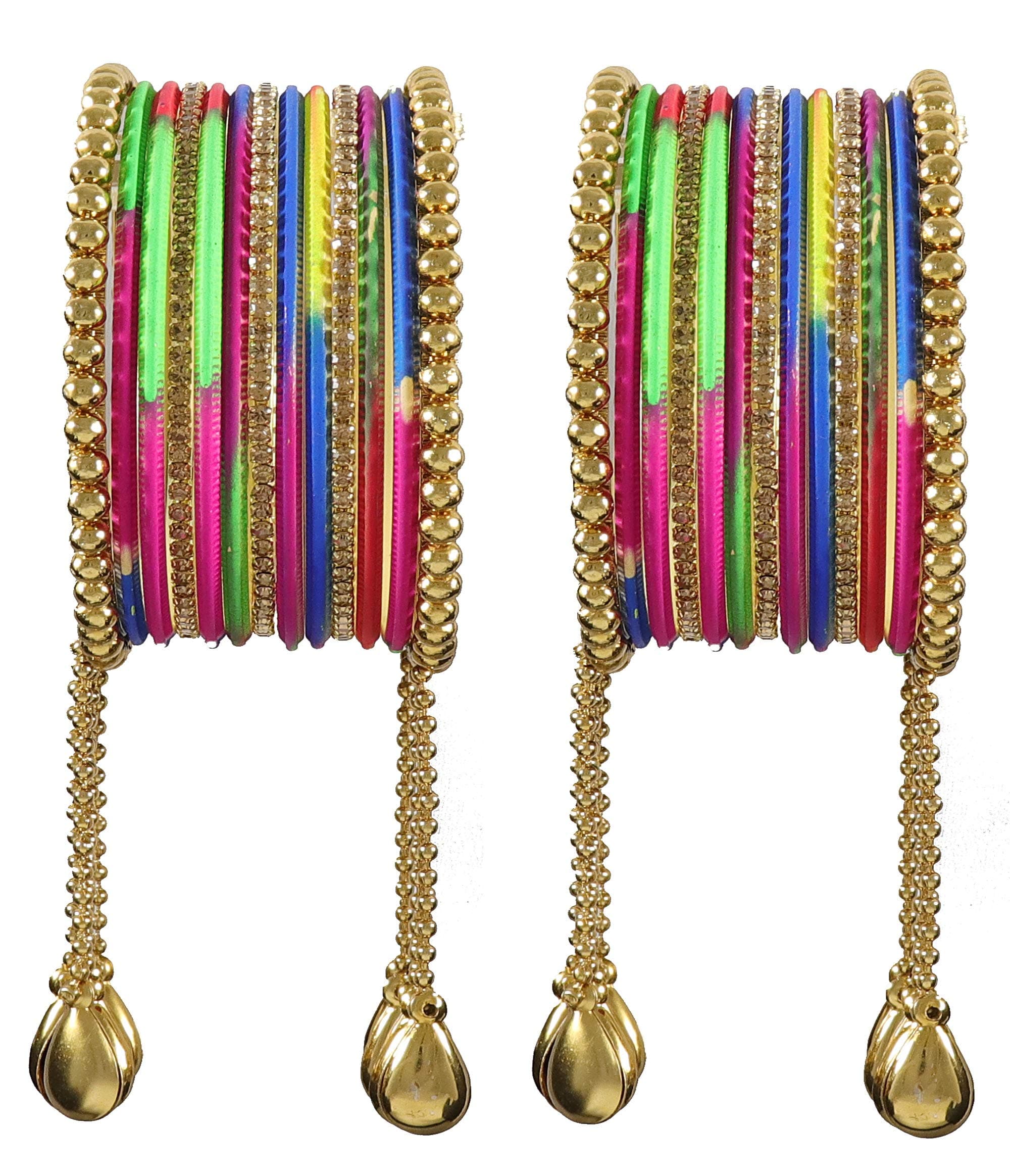 NMIIMetal Base Metal Zircon Gemstone Studded Matte and Glossy Finished BallChain Linked Latkan Bangle set for Women and Girls, (Pack Of 26 Bangle set)