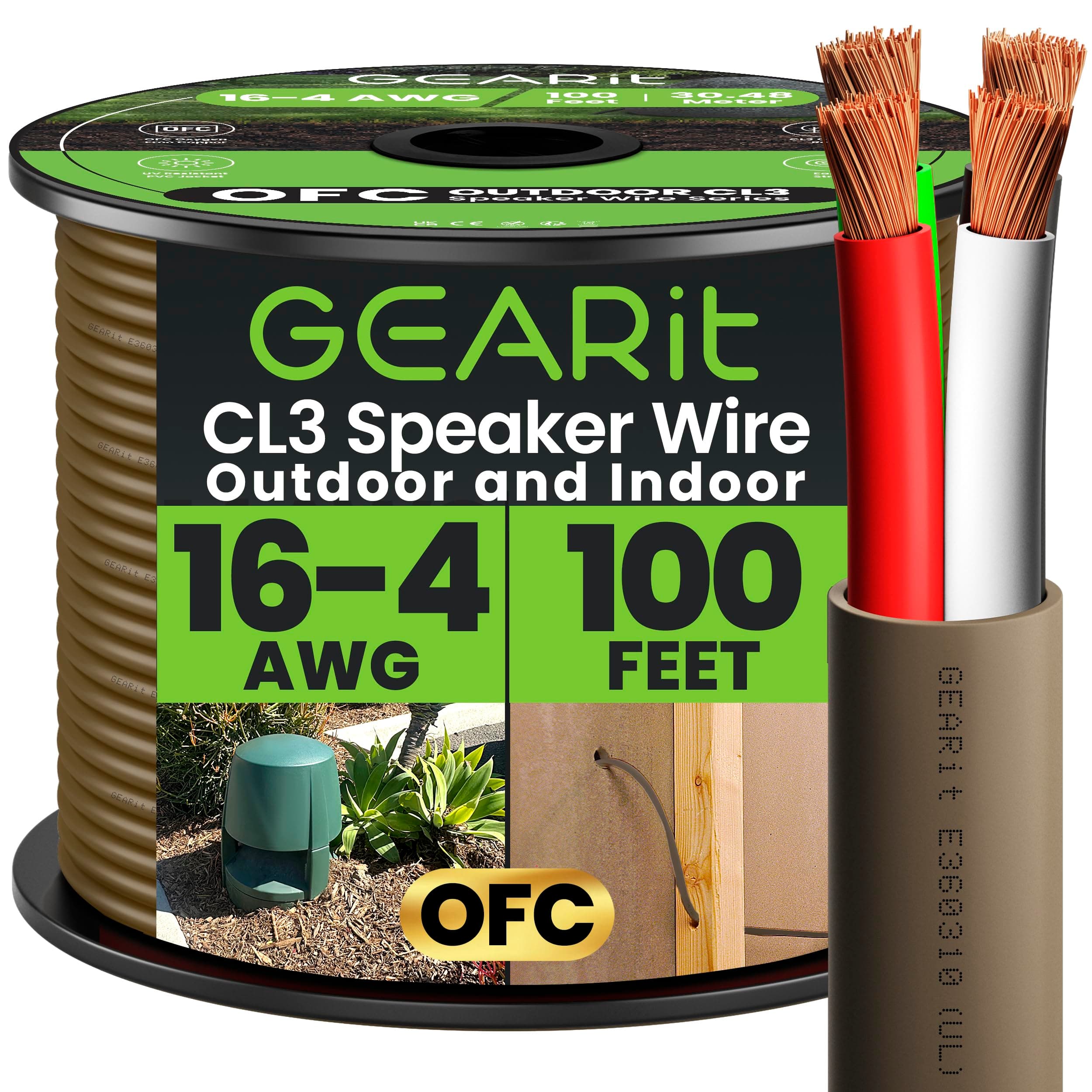 16/4 Speaker Wire (100 Feet) 16AWG Gauge, Brown 4-Conductors/Outdoor Direct Burial in Ground/in Wall / CL3 CL2 Rated - OFC Oxygen-Free Copper, Brown 100ft