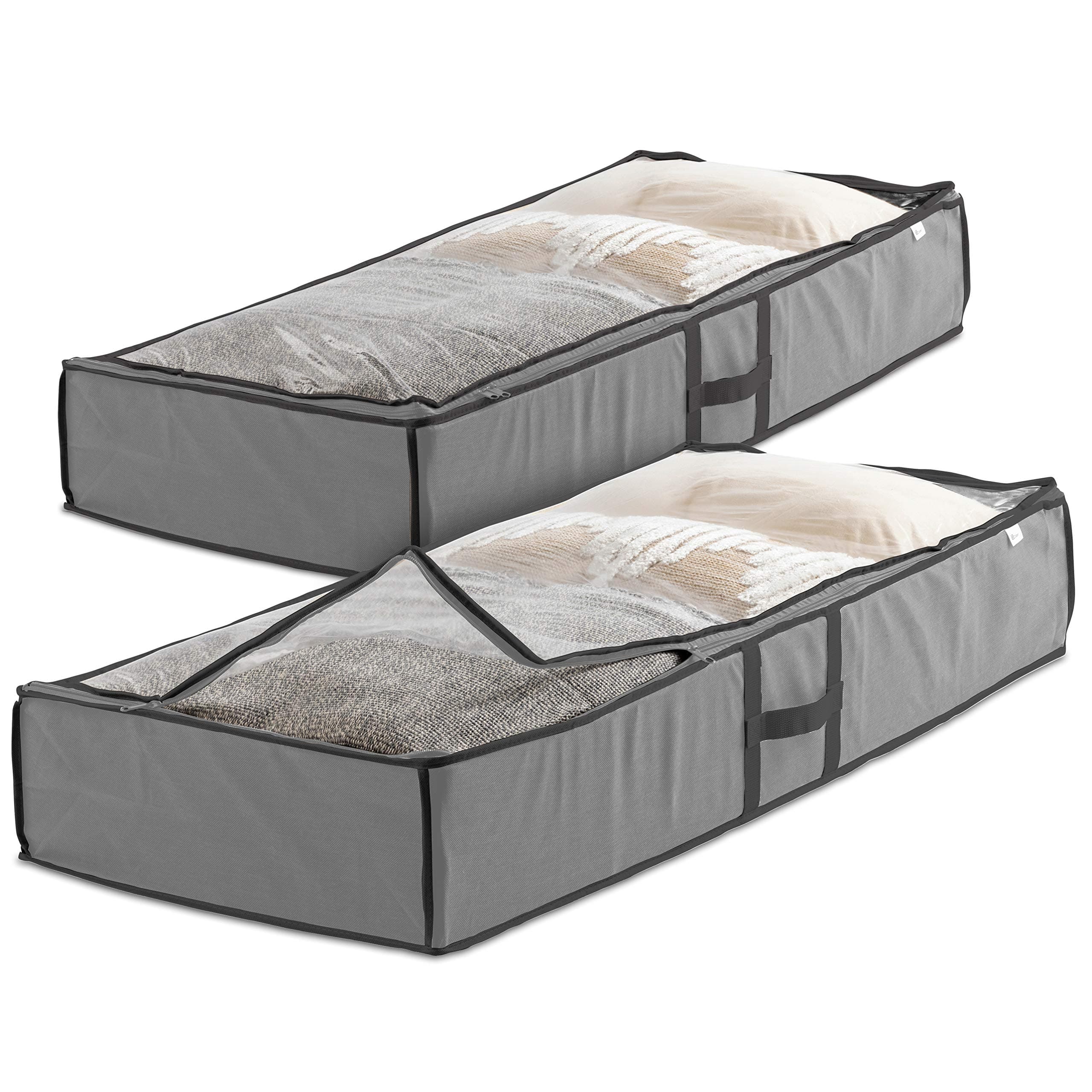 Zober Under Bed Storage - Pack of 2 Containers for Clothes, Blankets, Winter Clothing, & Shoes - With Handles, Dual Zippers, & Clear Top (Gray)