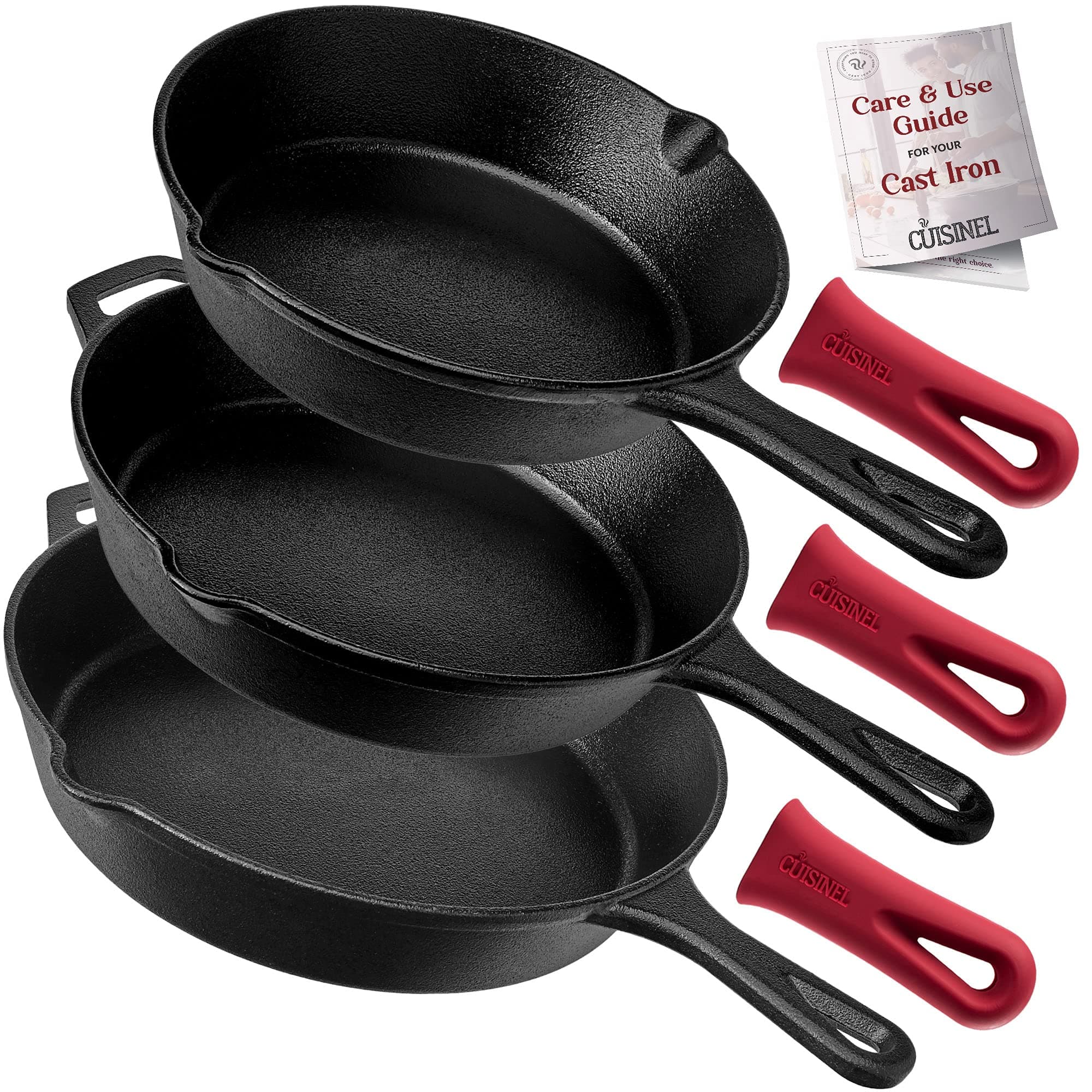 Cuisinel Cast Iron Skillets Set - 12" + 10" + 8"-Inch Pre-Seasoned Frying Pans + Silicone Handle Grip Covers - Use Indoor/Outdoor, Oven, Grill, Stove, BBQ, Camp Fire, Induction Kitchen Cookware