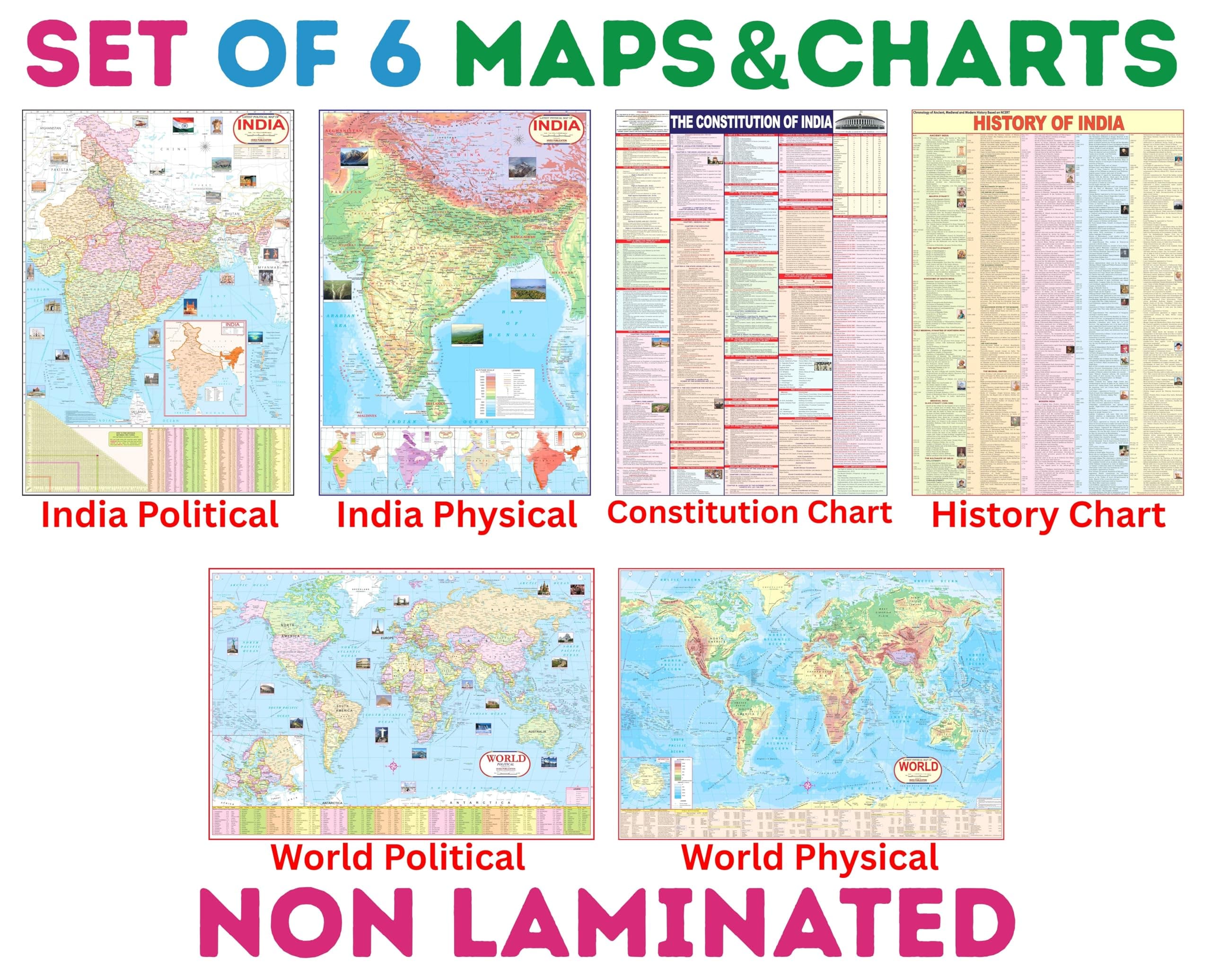 India & World Map ( Both Political & Physical ) with Indian Constitution and Indian History Chart | Set Of 6 | Use For Preparation Of UPSC, UPPSC, SSC, IES, RRB , etc Exams | India Map | World map | HP MAPS & CHARTS COMBO