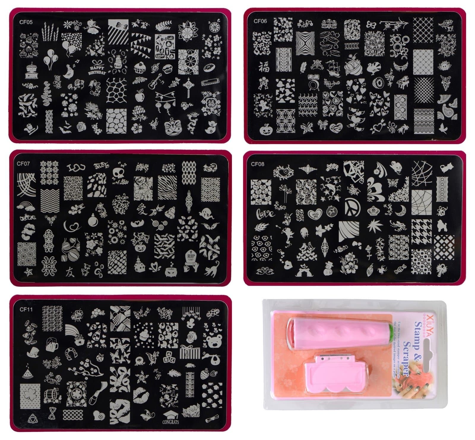 Lifestyle-You Women's Jumbo Nail Stamping Image Plates Kit 5 Pieces, Double Sided Stamper, Metal Scraper Nail Art and Decoration Combo (Multicolour)