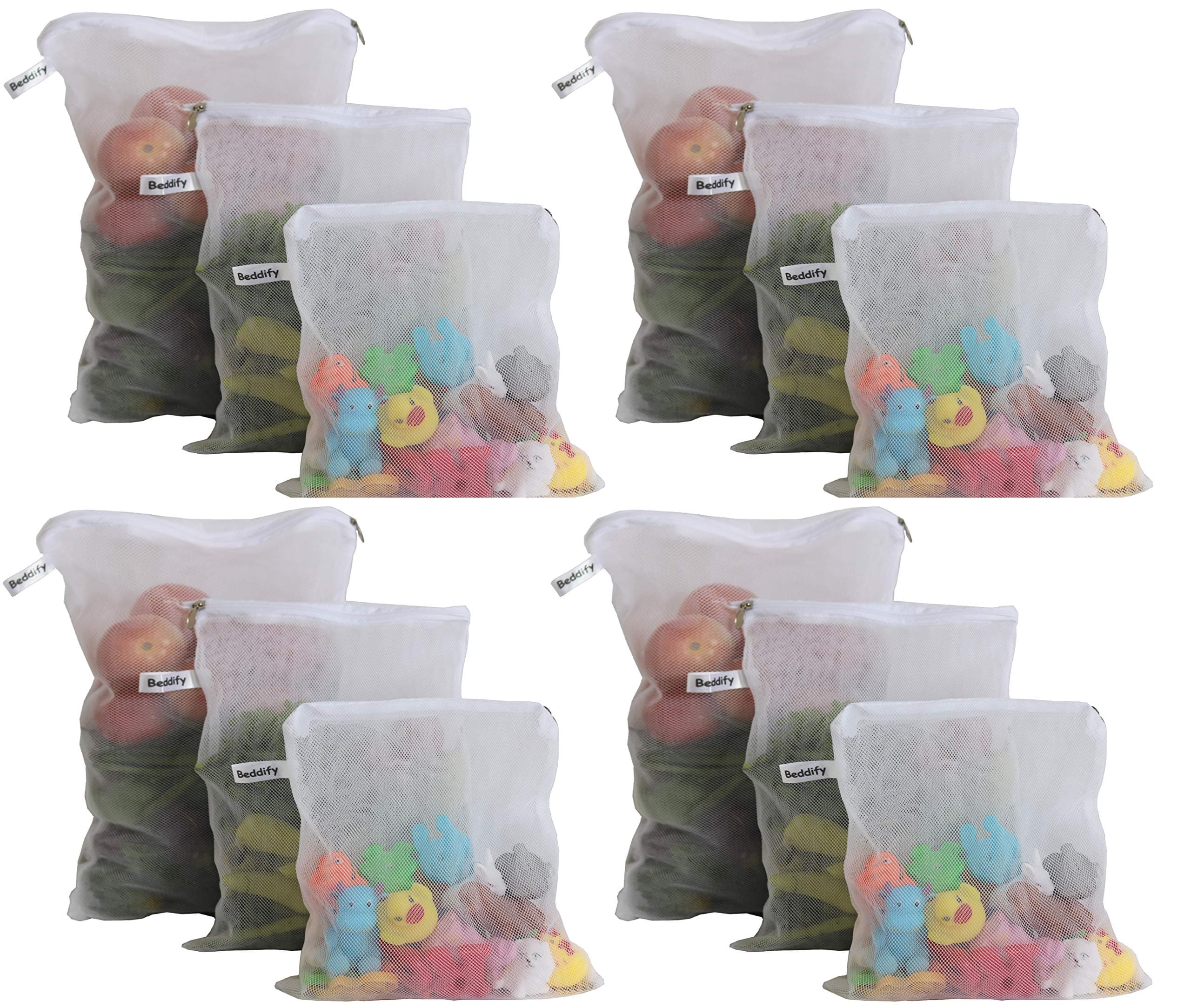 Set of 12 Reusable Fridge Storage Bags for Vegetables and Fruits with Zipper Dual Layer Mesh Net Multipurpose Multi-Size Kitchen Storage Bags Organizer (White)