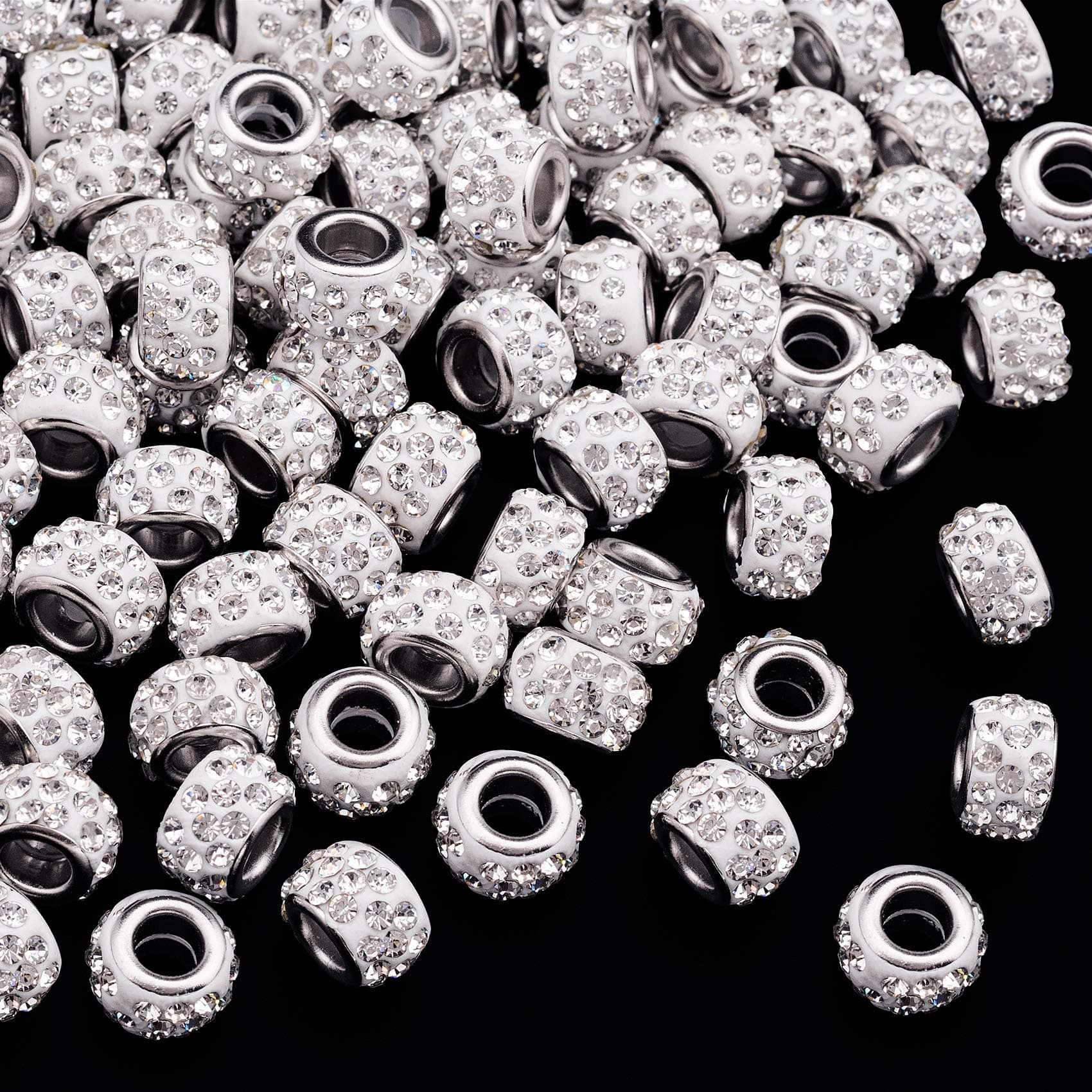 ANCIRS 100pcs 12mm Large Hole Rhinestone European Beads, Rondelle Spacer, Diamond Hair Beads for Bracelet Snake Chain Charm (White)