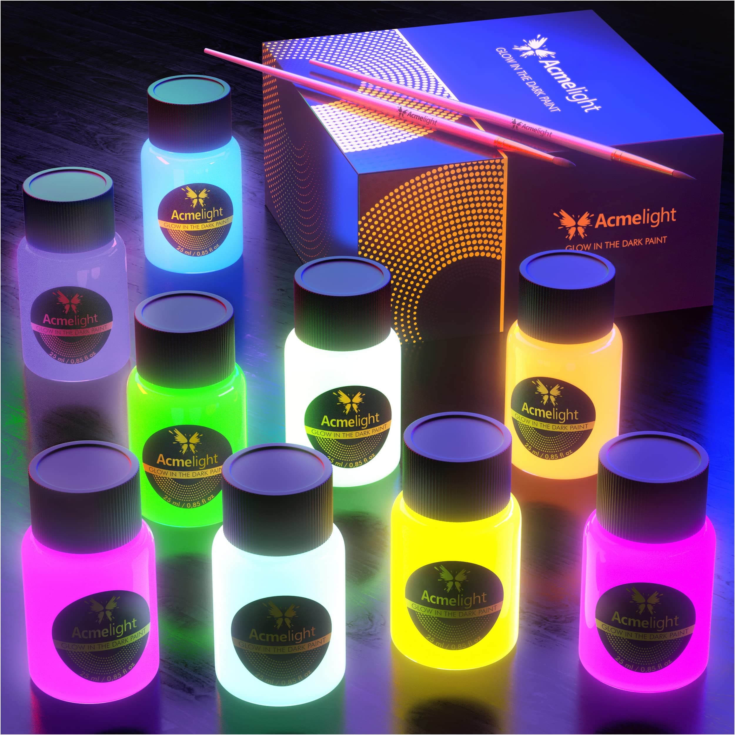 Glow in the Dark Acrylic Paint Set - 9 Neon Fluorescent Colors for Canvas, Wood & Stone - Blacklight Reactive - Cool Art Supplies Gift for Artists, Adults & Kids