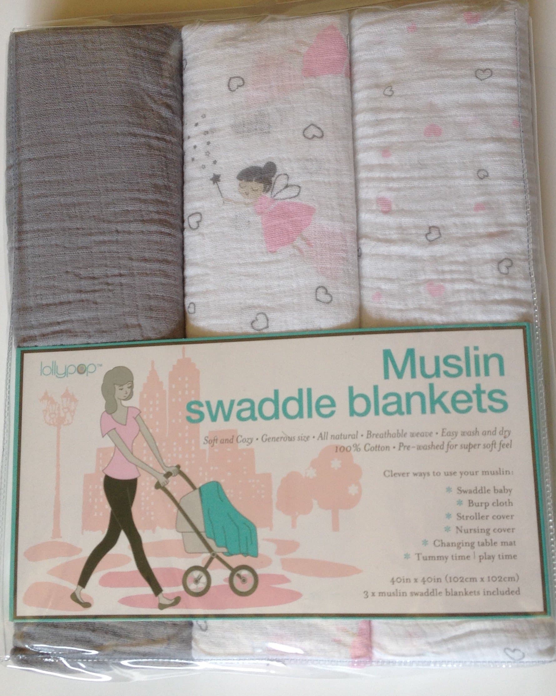Lollypop Muslin Swaddle Blankets Pink Gray 3 pack (Fairies and Hearts)