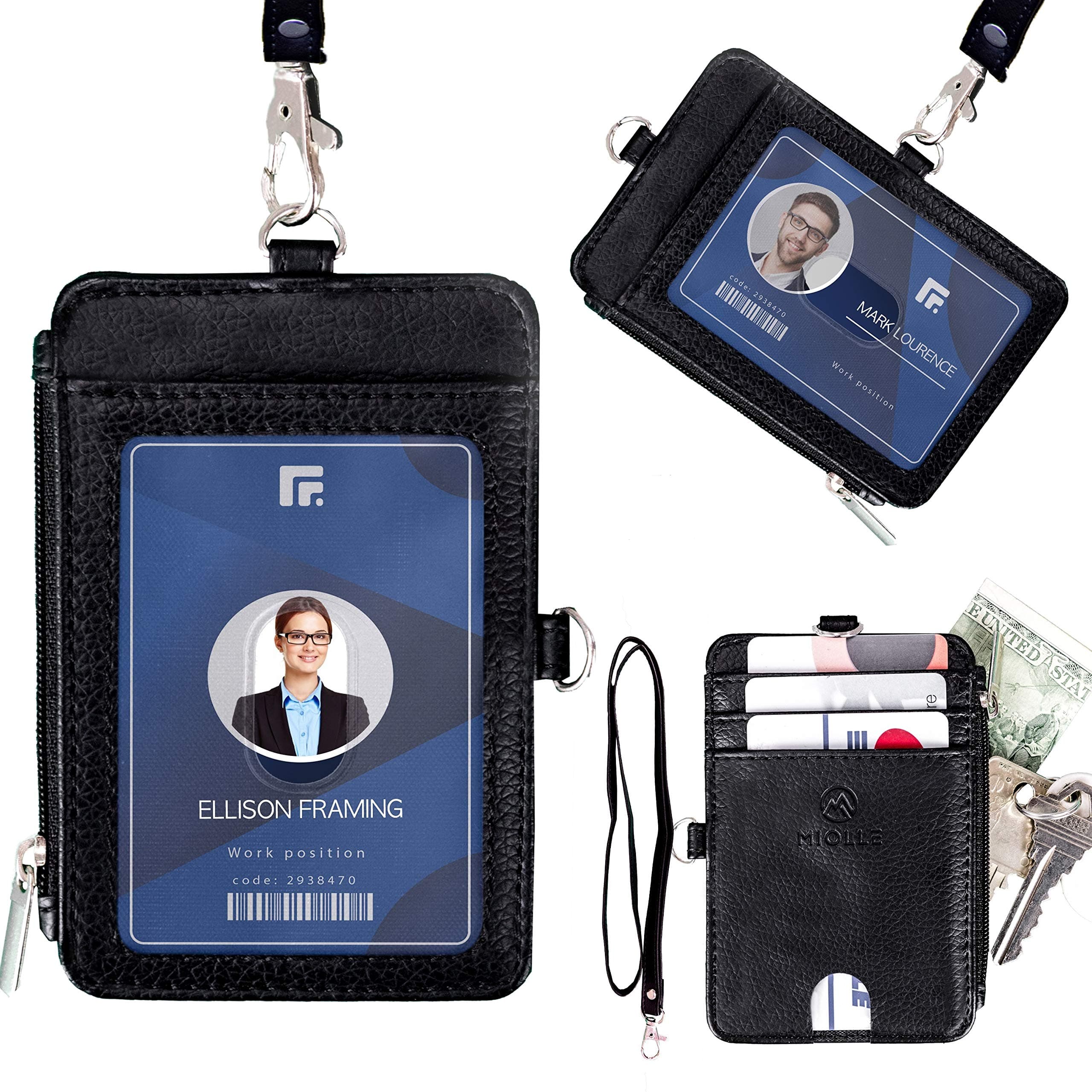 Miolle Black Leather Badge Holder - RFID Neck Wallet with Lanyard - Slim Mini Card Holder Holds up to 8 Cards