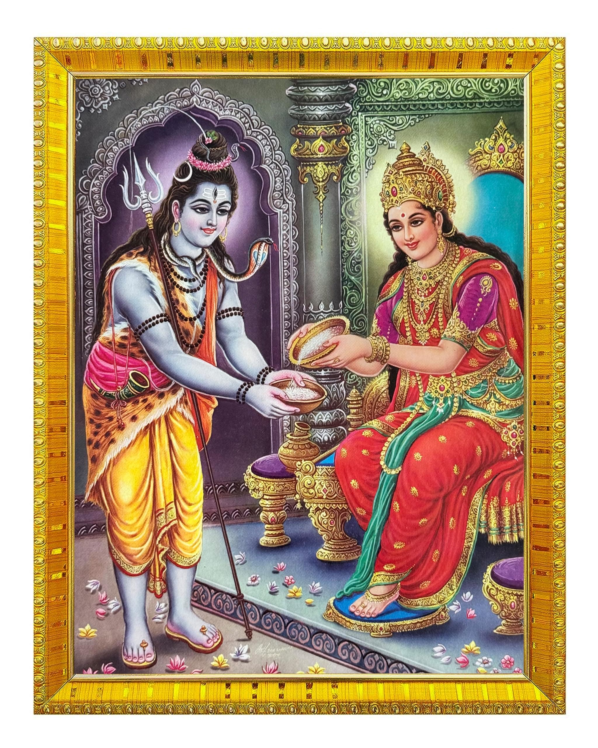 Koshtak Load Shiva & Maa Annapurna Devi 玉座に座るフォトフレーム ラミネートポスター付き 法会の部屋 寺院 礼拝/壁掛け/ギフト/ホームデコレーション用 (30 x 23 cm)