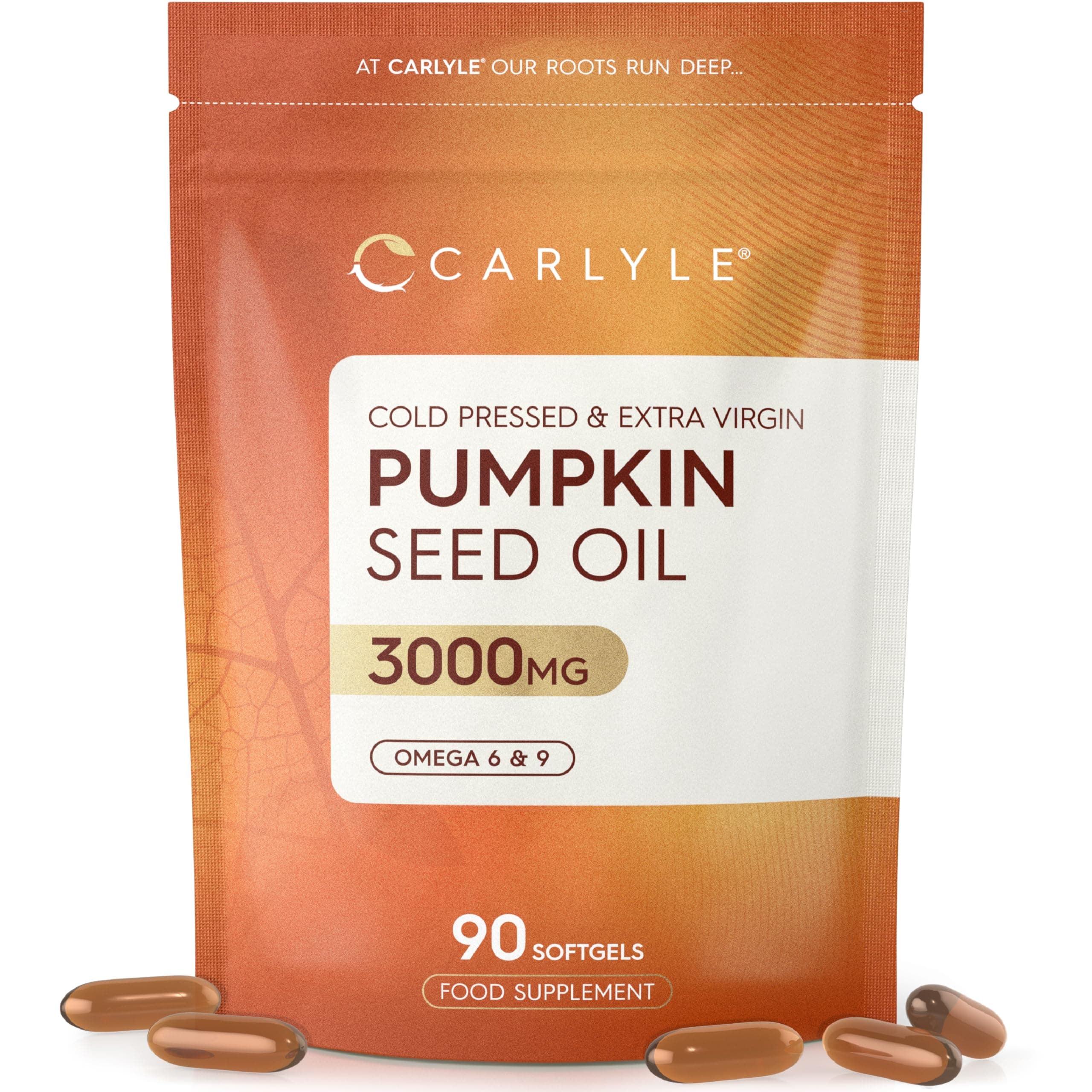 Pumpkin Seed Oil 3000mg - 60% Linoleic & Oleic Acid | 100% Cold Pressed | 90 Softgel Capsules | Naturally Rich in Essential Fatty Acids | Carlyle