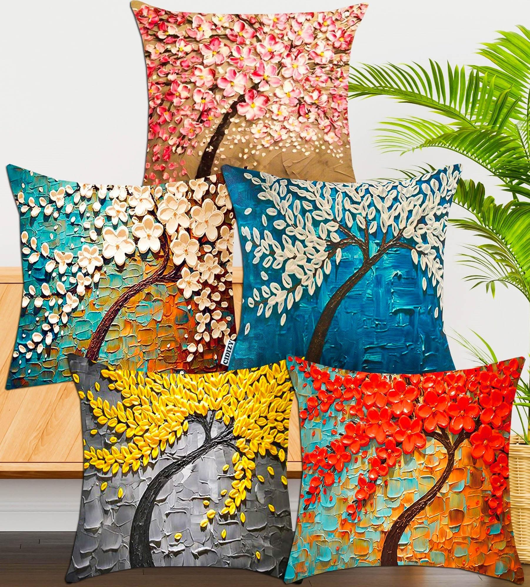 CIDIZY Jute Floral Tree Cushion Cover, 16X16 Inch, Set of 5, Multicolour