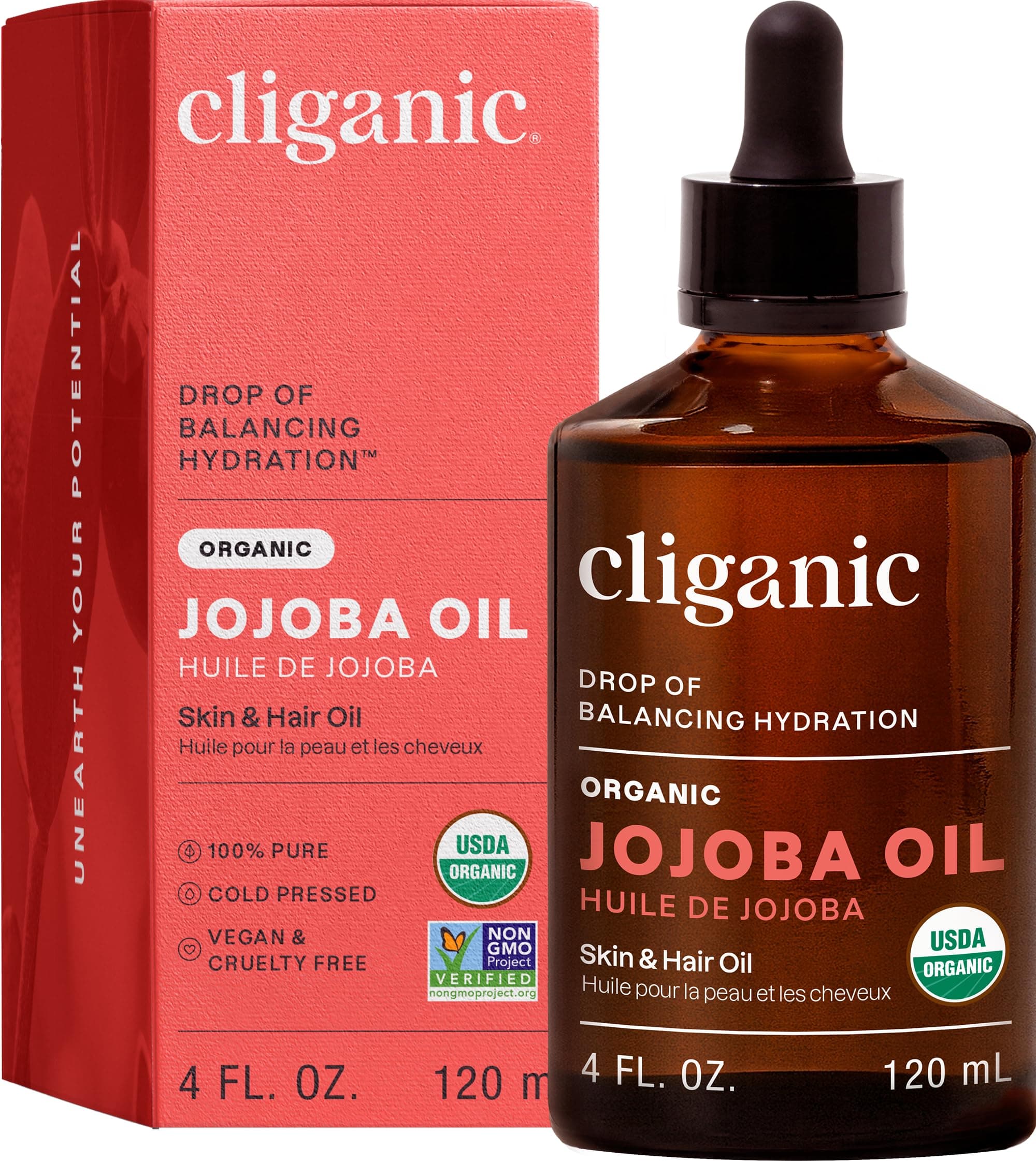Cliganic Certified Organic Jojoba Oil 120ml | 100% Pure Natural Cold Pressed Unrefined, Hexane Free Carrier Oil | for Hair Face & Nails | Cliganic 90 Days Warranty
