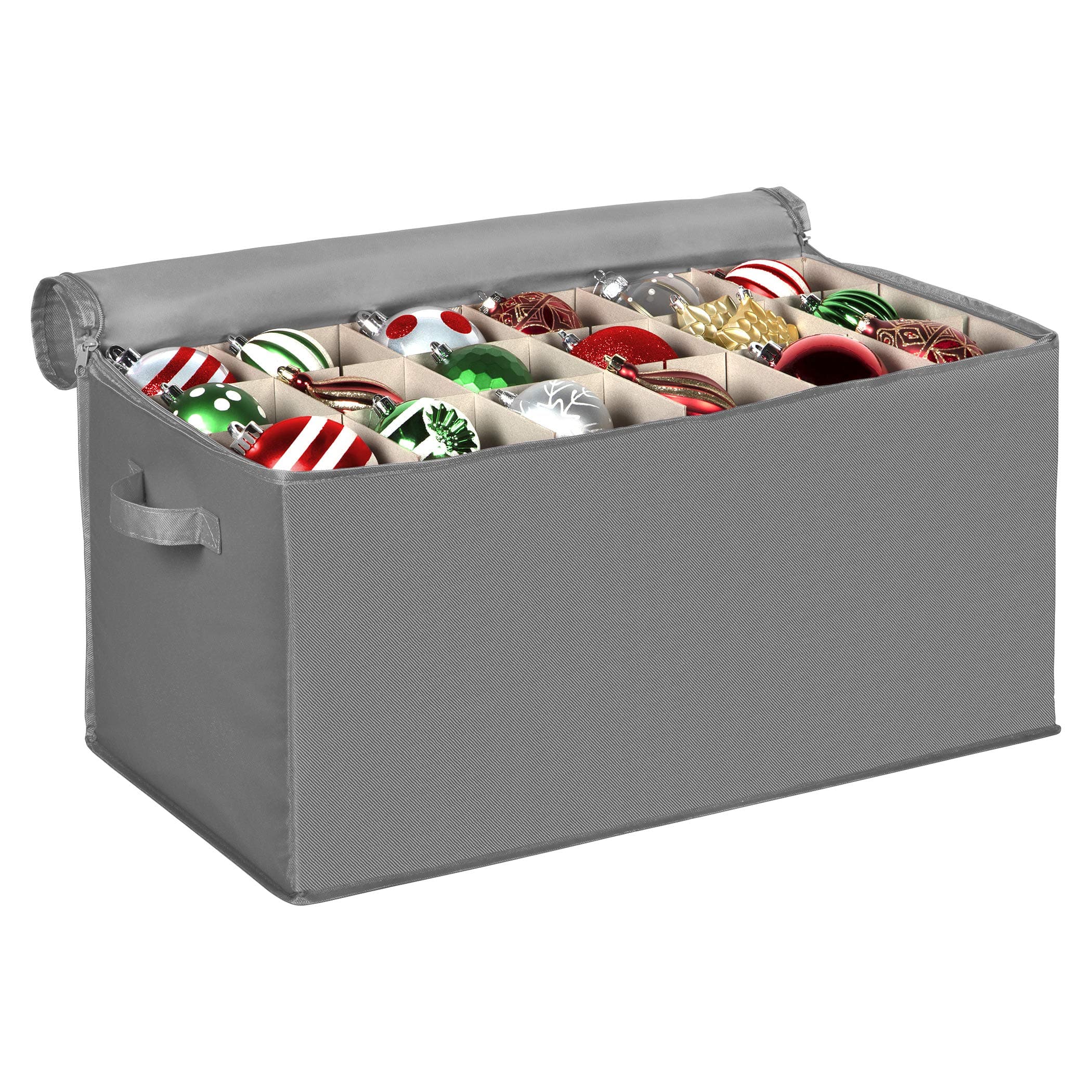 Christmas Ornament Storage Container with Dividers -Box Stores Up to 54-4" Ornaments, Zippered, Convenient, Adjustable, Heavy Duty 600D, Large Organizer Bin to Protect and Store Holiday Décor (Grey)
