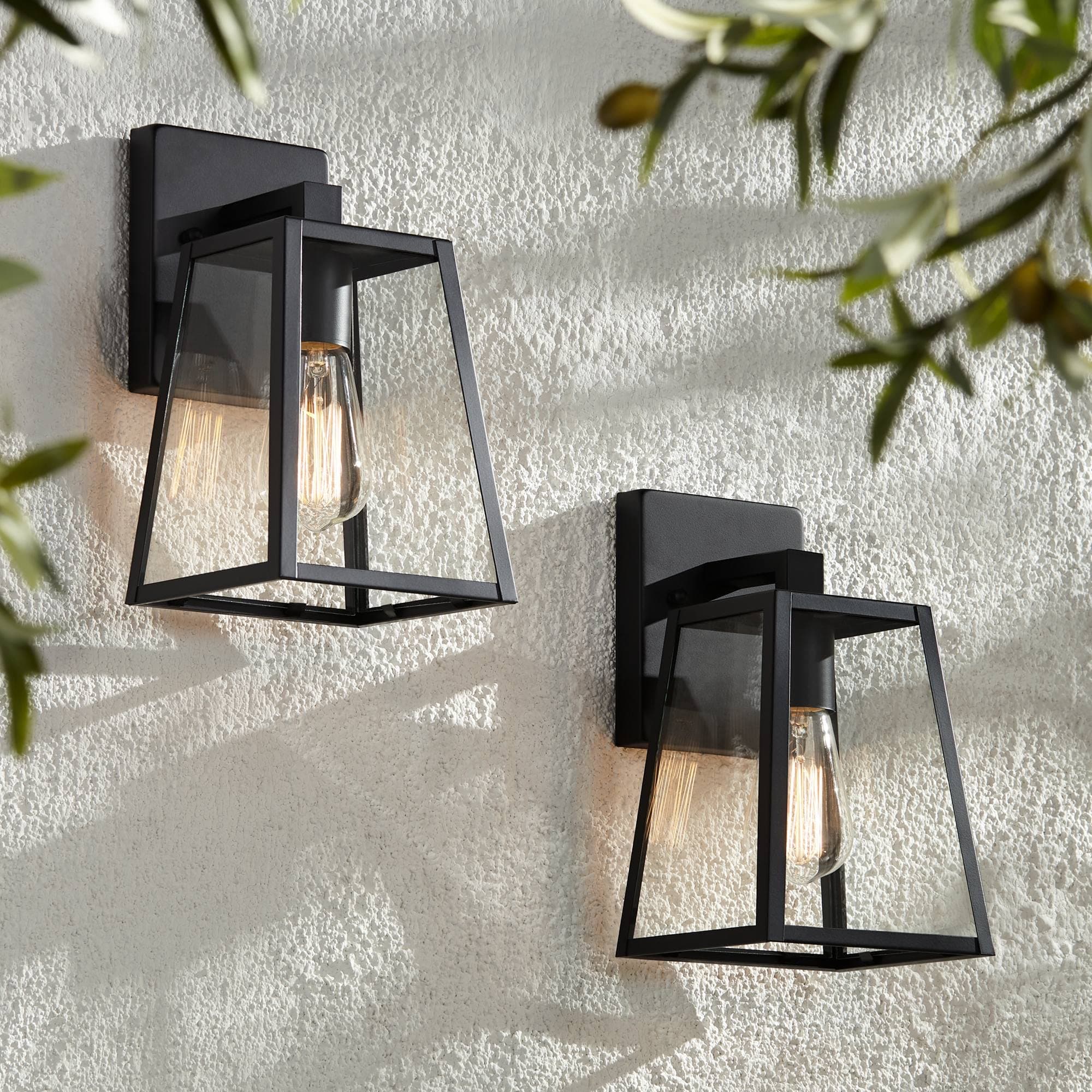 Arrington Modern Rustic Outdoor Wall Lights Fixtures Set of 2 Tapering Black 10 3/4" Clear Glass for Exterior House Porch Patio Outside Deck Garage Yard Front Door Garden Home