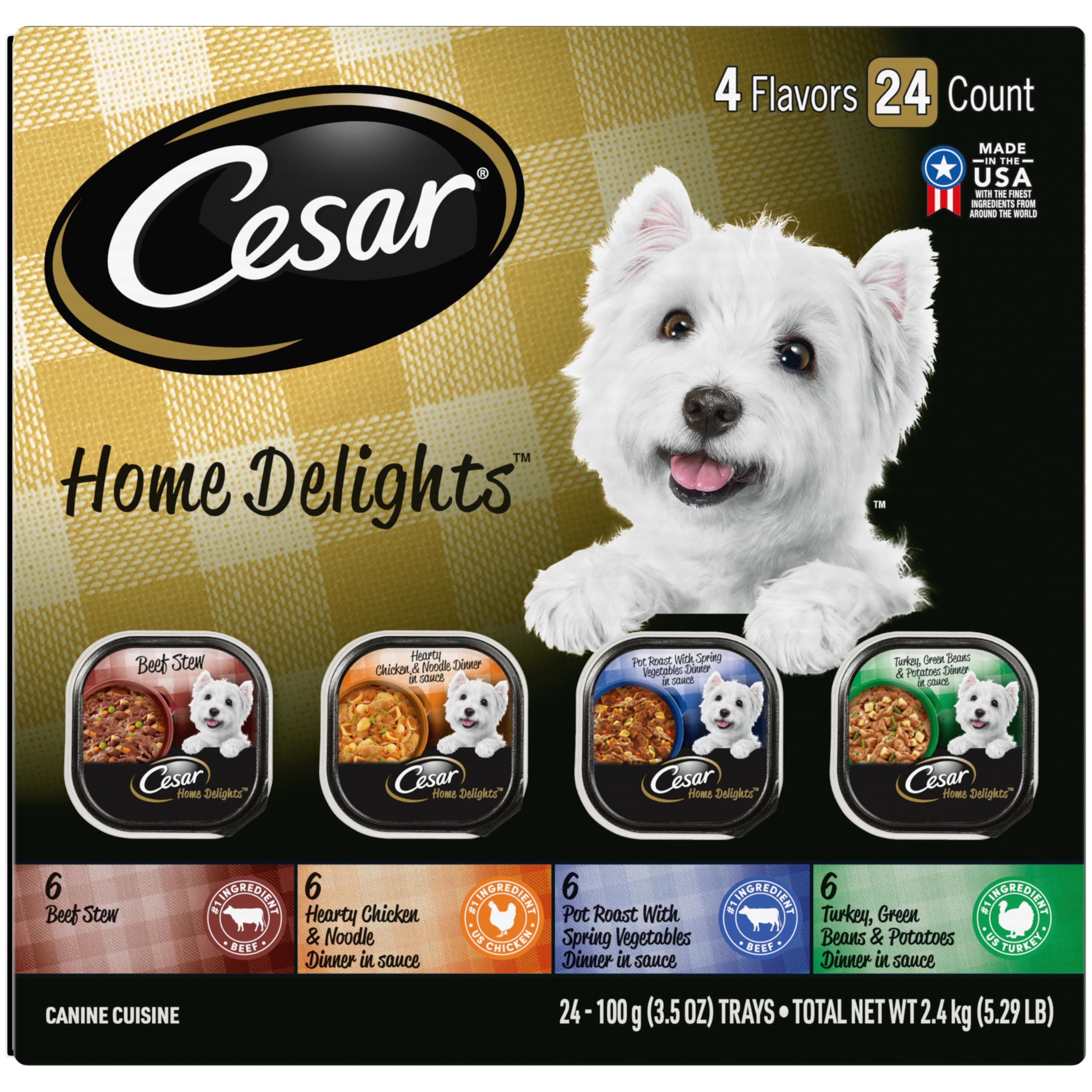 HOME DELIGHTS Soft Wet Dog Food Pot Roast & Vegetable, Beef Stew, Turkey Potato & Green Bean, and Hearth Chicken & Noodle Variety Pack, (24) 3.5 oz. Easy Peel Trays