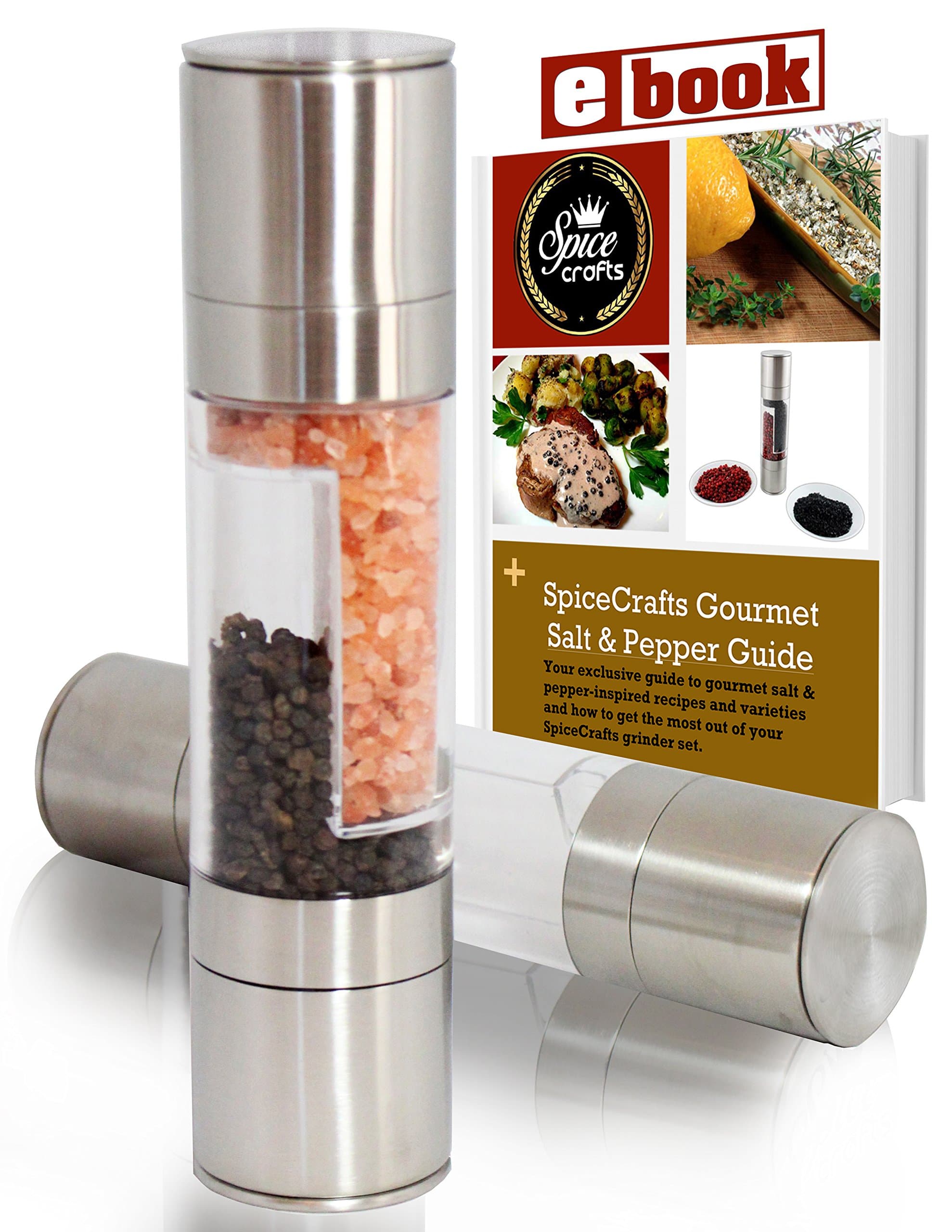 The Original SpiceCrafts Salt and Pepper Grinder Set, Stainless Steel with Recipe eBook & Guide, Pure Ceramic Grinders, Dual Mill
