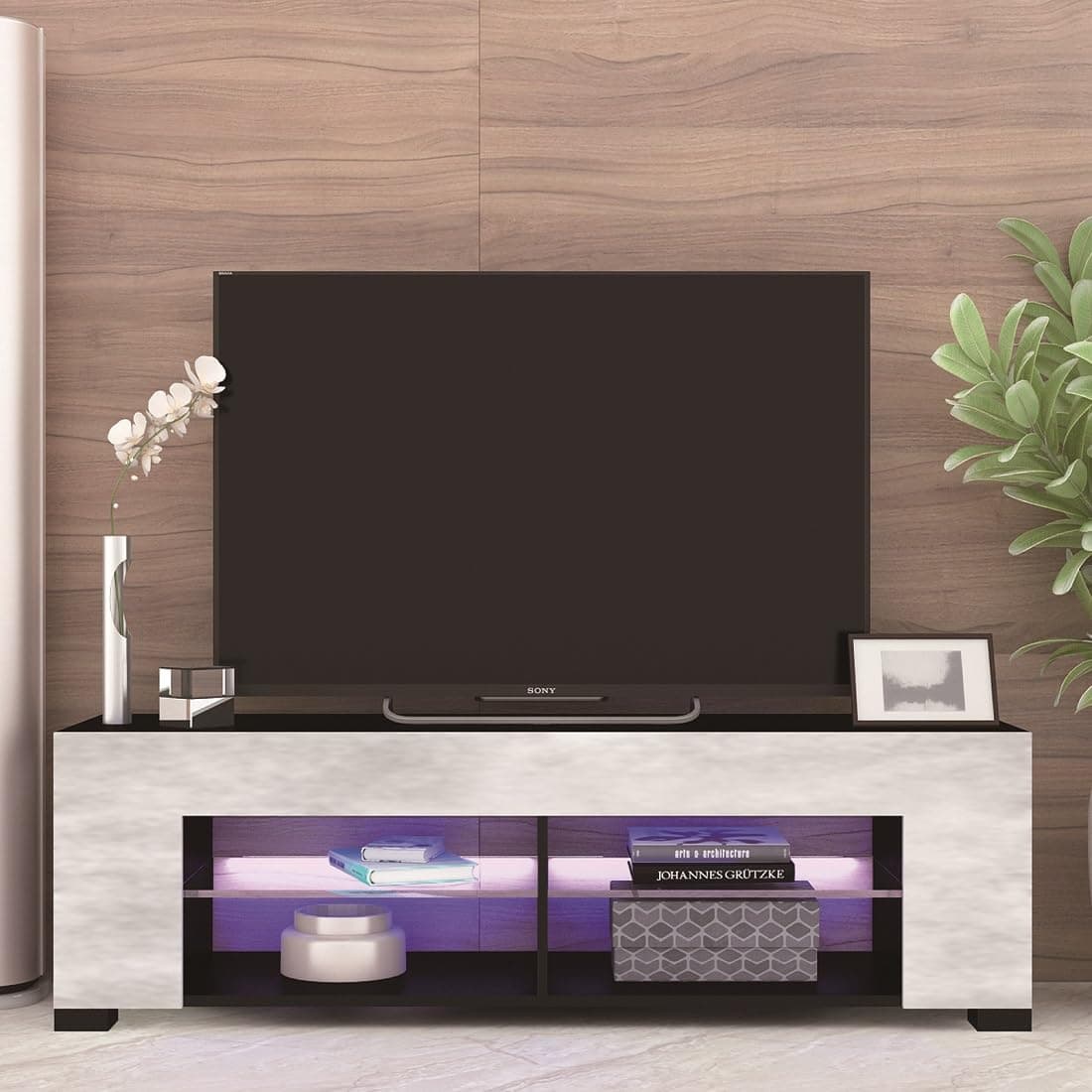 Modern LED TV Stand for TV Up to 60 Inchs, TV Stand Cabinet Entertainment Center with Glass Shelf, Media Console Table for Living Room