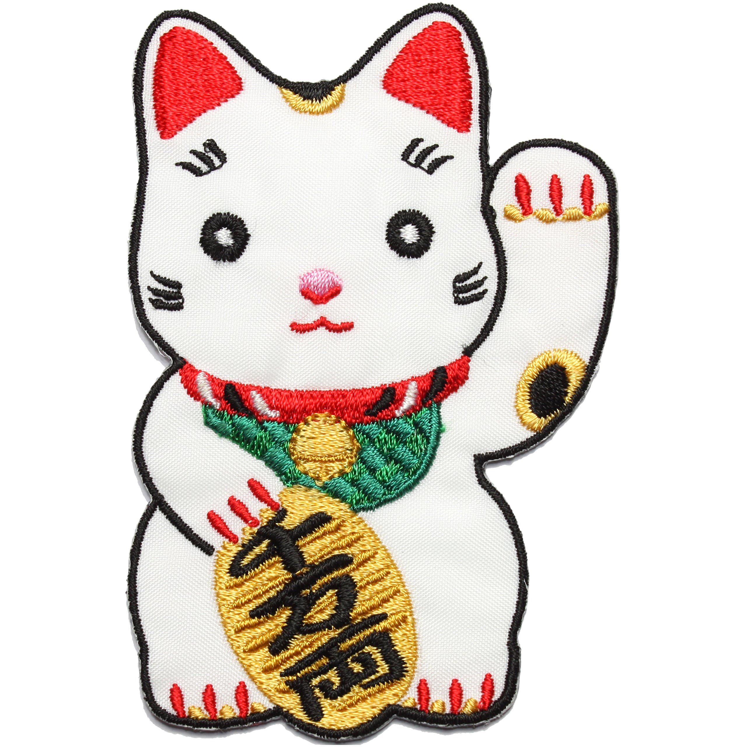 Maneki Neko - Japanese Lucky Waving White Cat Embroidered Iron On / Sew On Patch T Shirt Badge Transfer