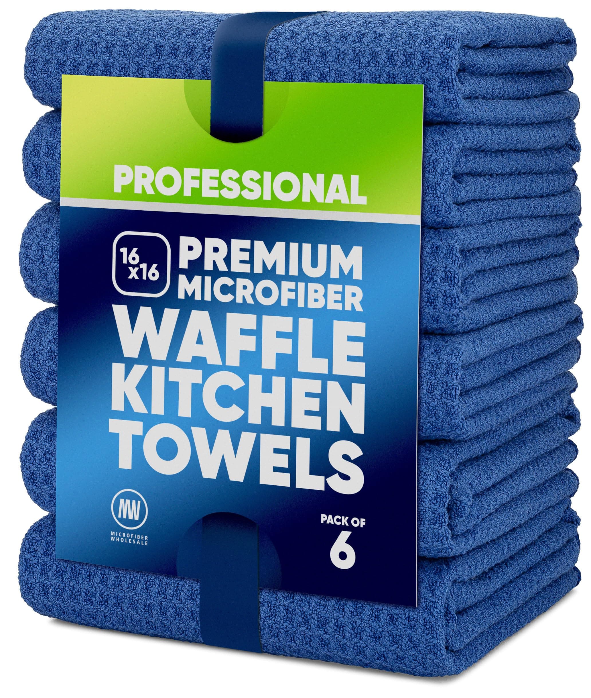 Kitchen Towels - Microfiber Waffle Weave Towels | Absorbent, No Lint, Thick, Reusable, Commercial, Soft, Hand, Tea, Glass, Bar, Sublimation Blank, Polyester Cloths (Blue, 16 x 16 (6 Pack))