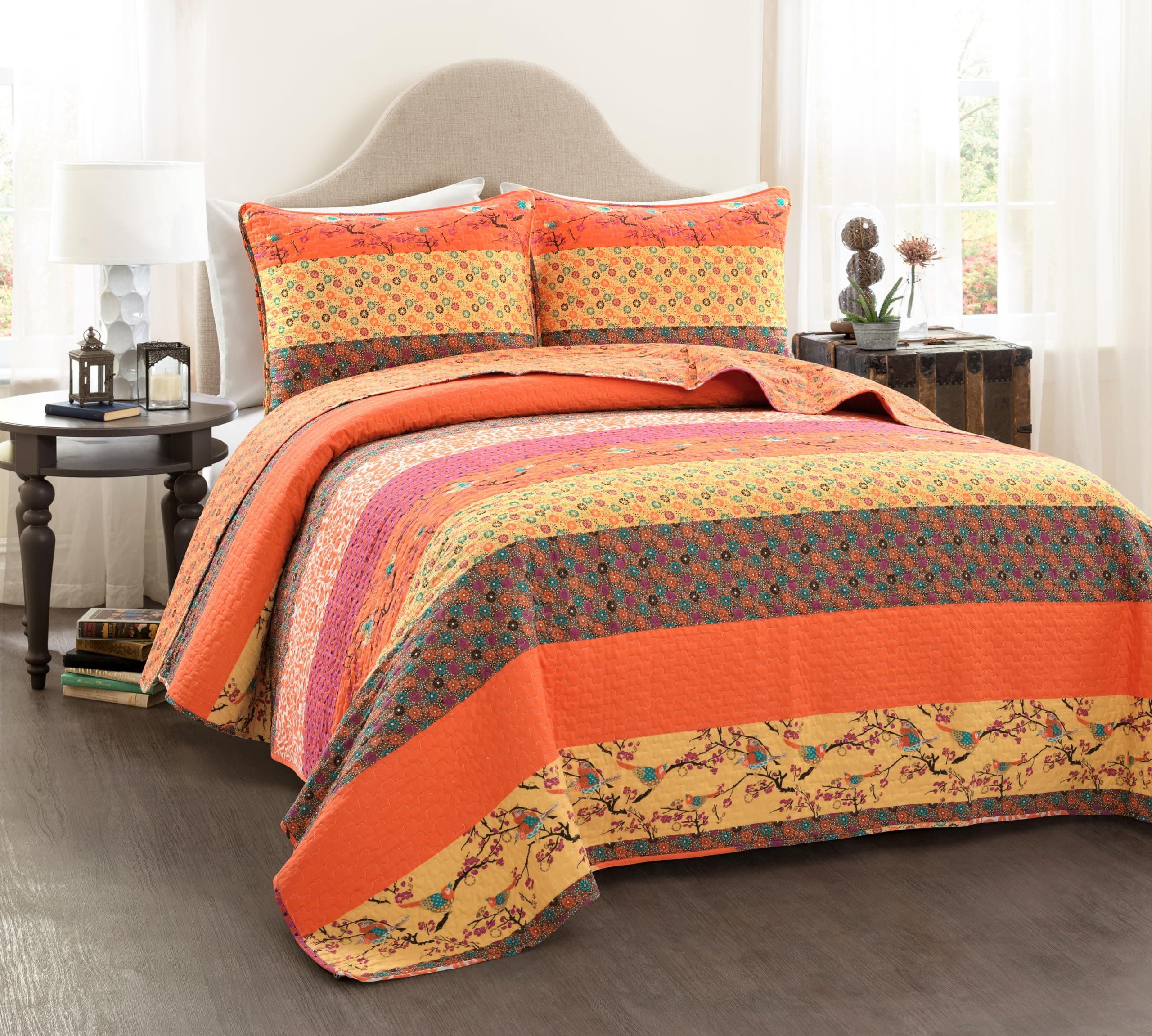 Lush Decor Royal Empire Reversible Cotton Quilt Set, 3 Piece Set King, Tangerine - Striped Bedding Set - Floral Quilt King Size - Orange Bedding - Boho Decor