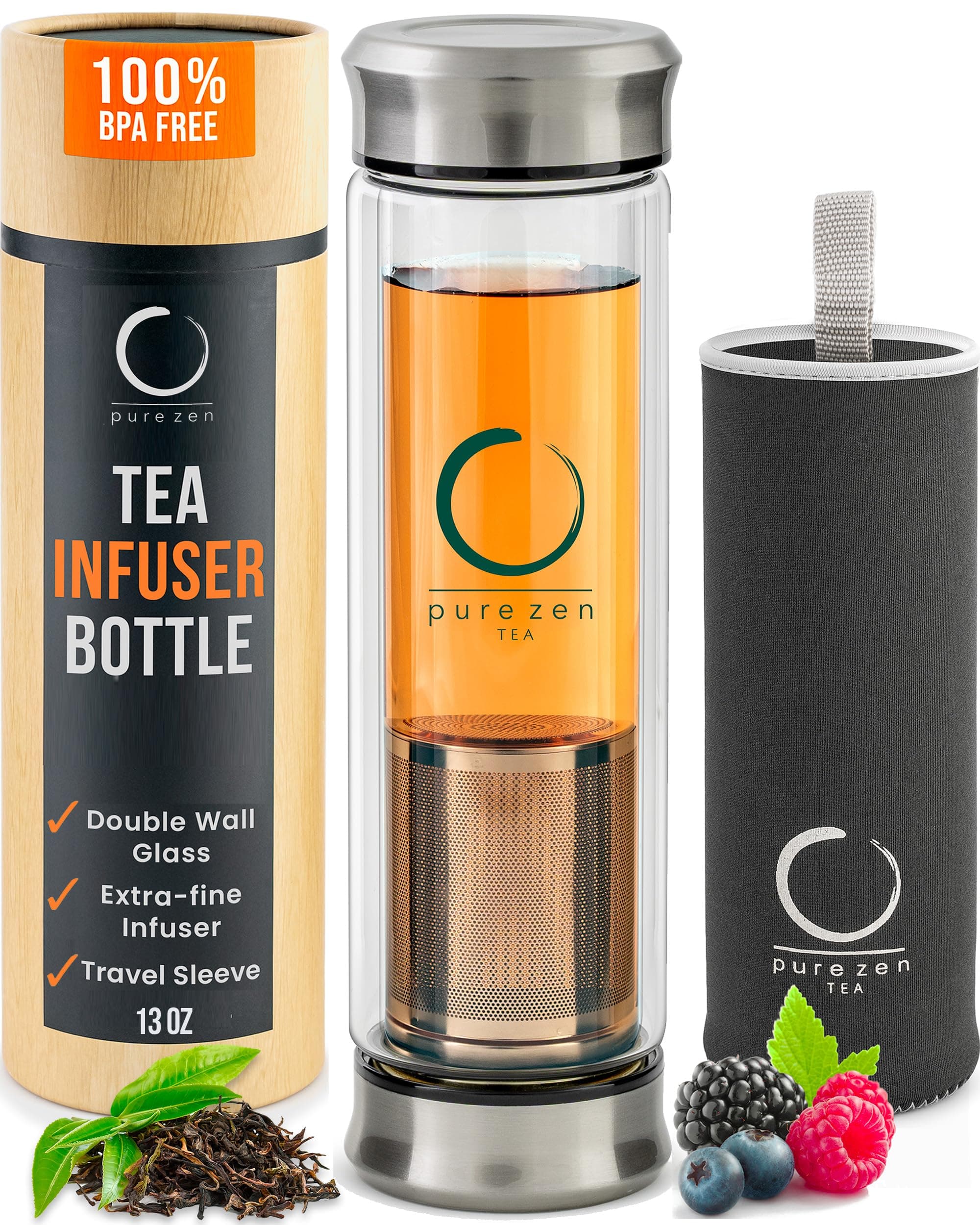 Pure Zen Tea Tumbler with Infuser - Double Wall Glass Travel Tea Mug with Stainless Steel Filter - Leakproof Tea Infuser Bottle with Strainer for Loose Leaf Tea and Fruit Water 13 Ounce