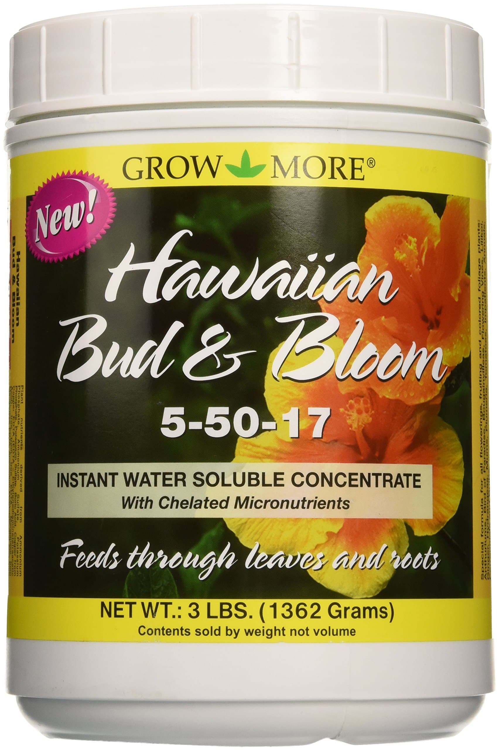 Grow More Urea-Free Hawaiian Bud and Bloom 5-50-17 Fertilizer - 3lbs of Water Soluble Bloom Booster Fertilizer for Flowers - High Phosphorus Flower Food for Enhanced Bud Formation & Vigorous Blooms