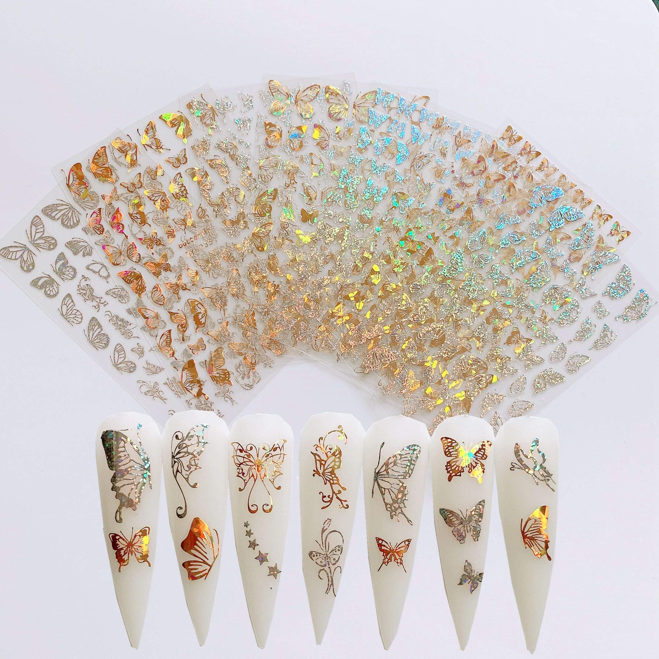 NAIL ANGEL 8Sheets Nail Art Adhesive Sticker Sheets Different Laser Gold and Silver Color Butterfly Shapes Nail Art Decoration 10238