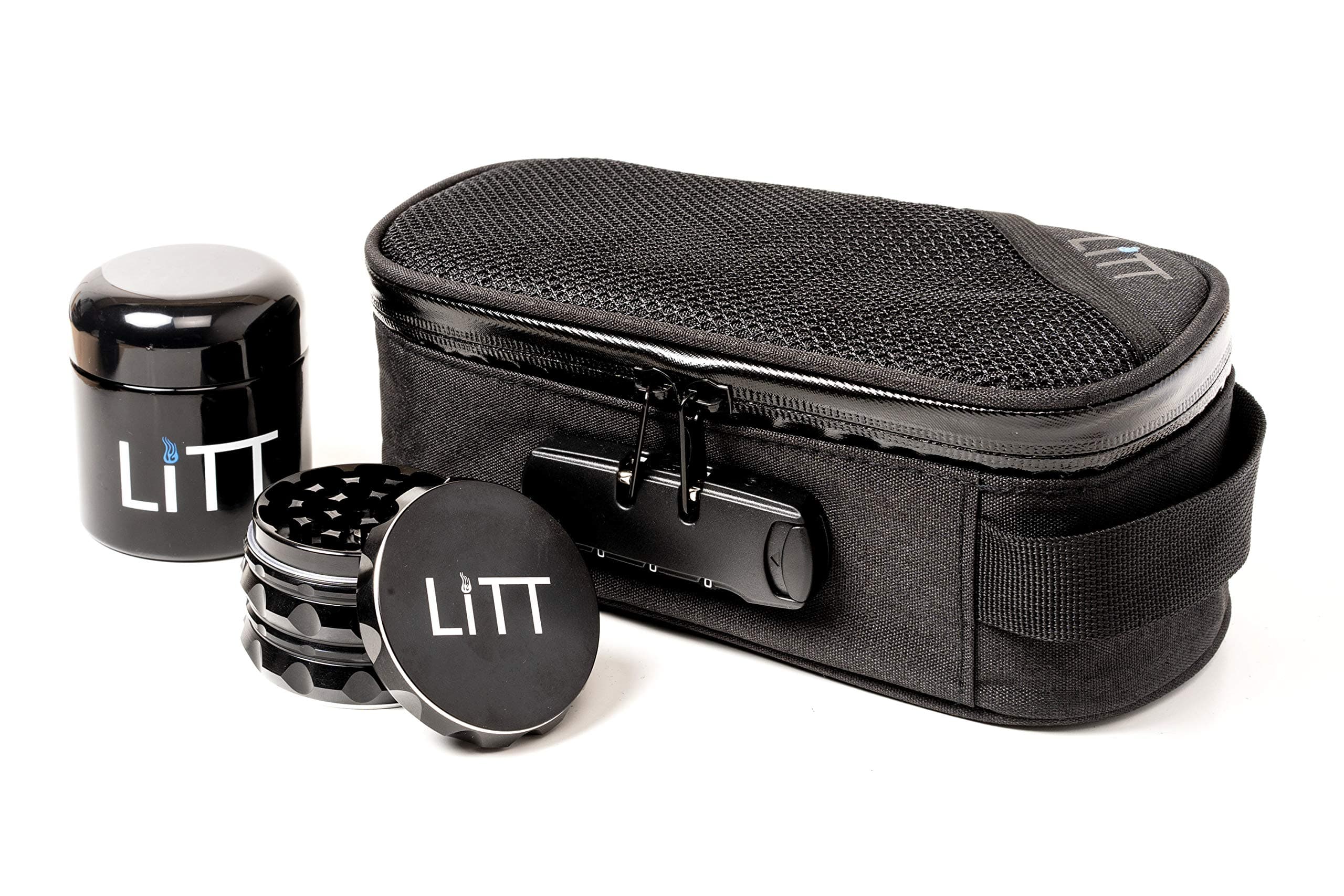 LITT - Smell Proof Stash Zip Lock Bags, Storage Metal Tub Jar 100 ml & Sharp Grinding Teeth Metal Herb Grinder - Odour/Smell Proof Container, Glass Storage Jar, Refillable, Travel Essentials