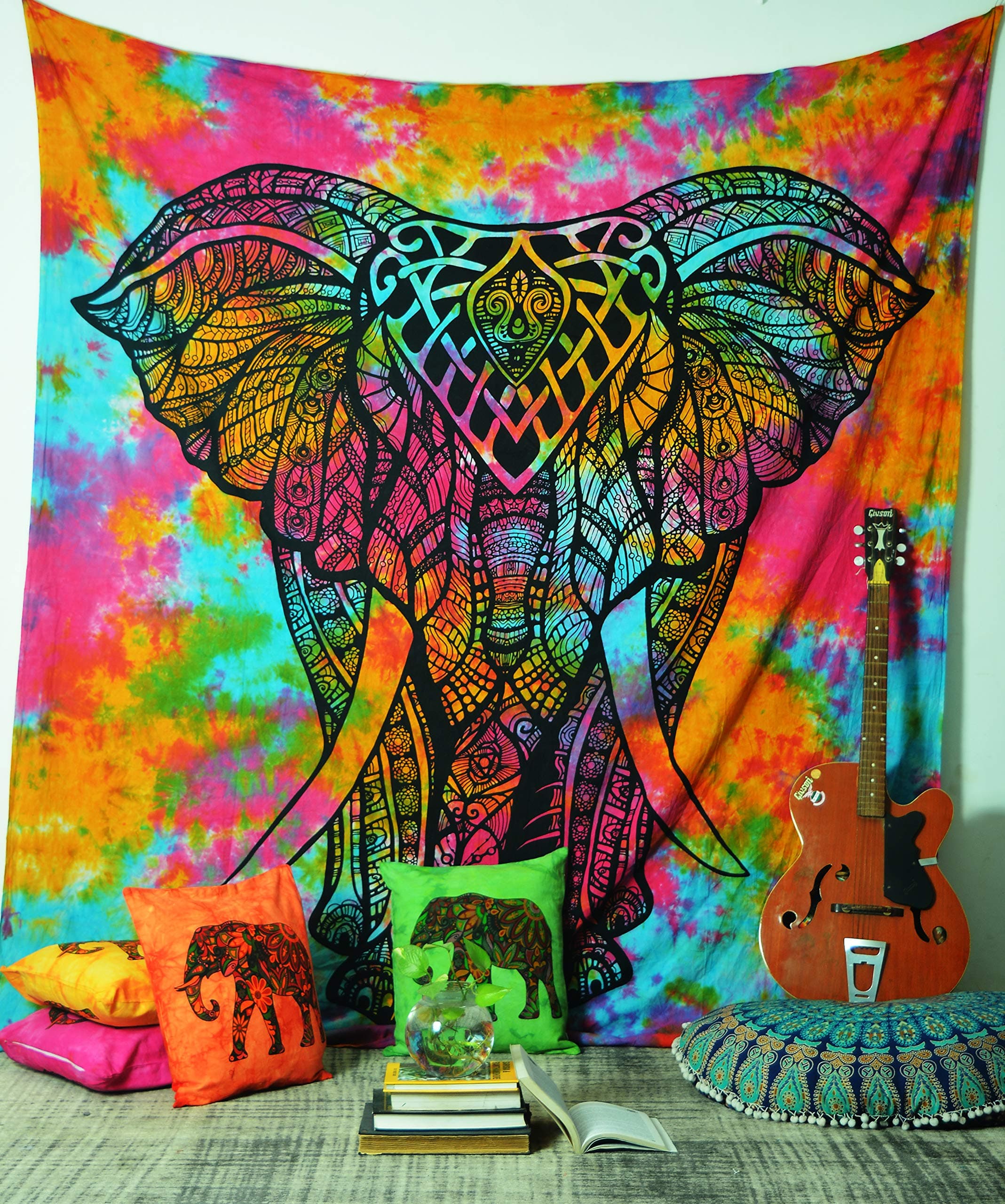 Malwa textile Multi Elephant Mandala Tapestry Indian Psychedelic Hippy Wall Hanging Big Elephant Colourful Tapestry