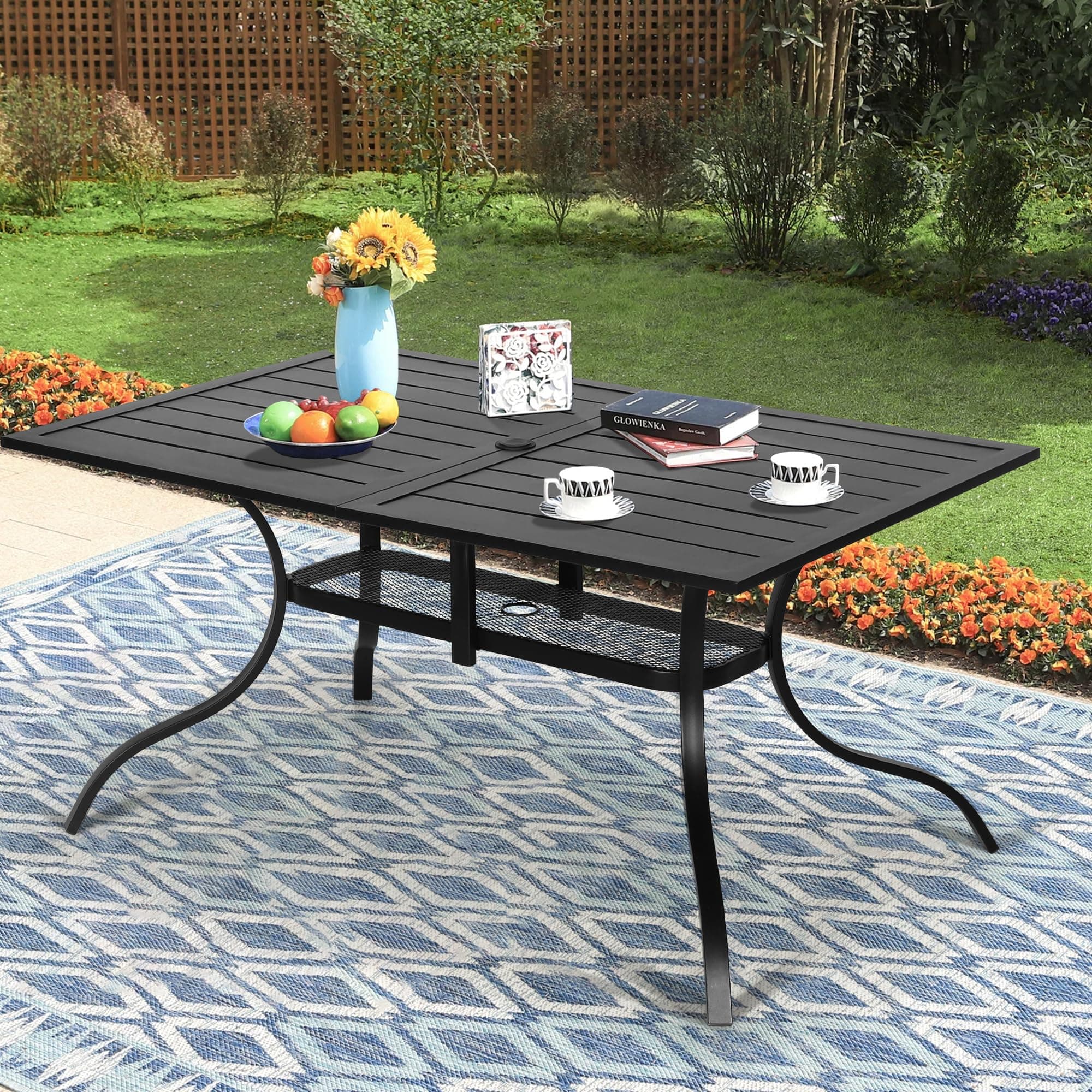 SUNCROWN 60"x37" Black Patio Outdoor Dining Table Metal Steel Slat Rectangular Bistro Table for Porch Deck Garden Backyard Poolside, 1.57" Umbrella Hole