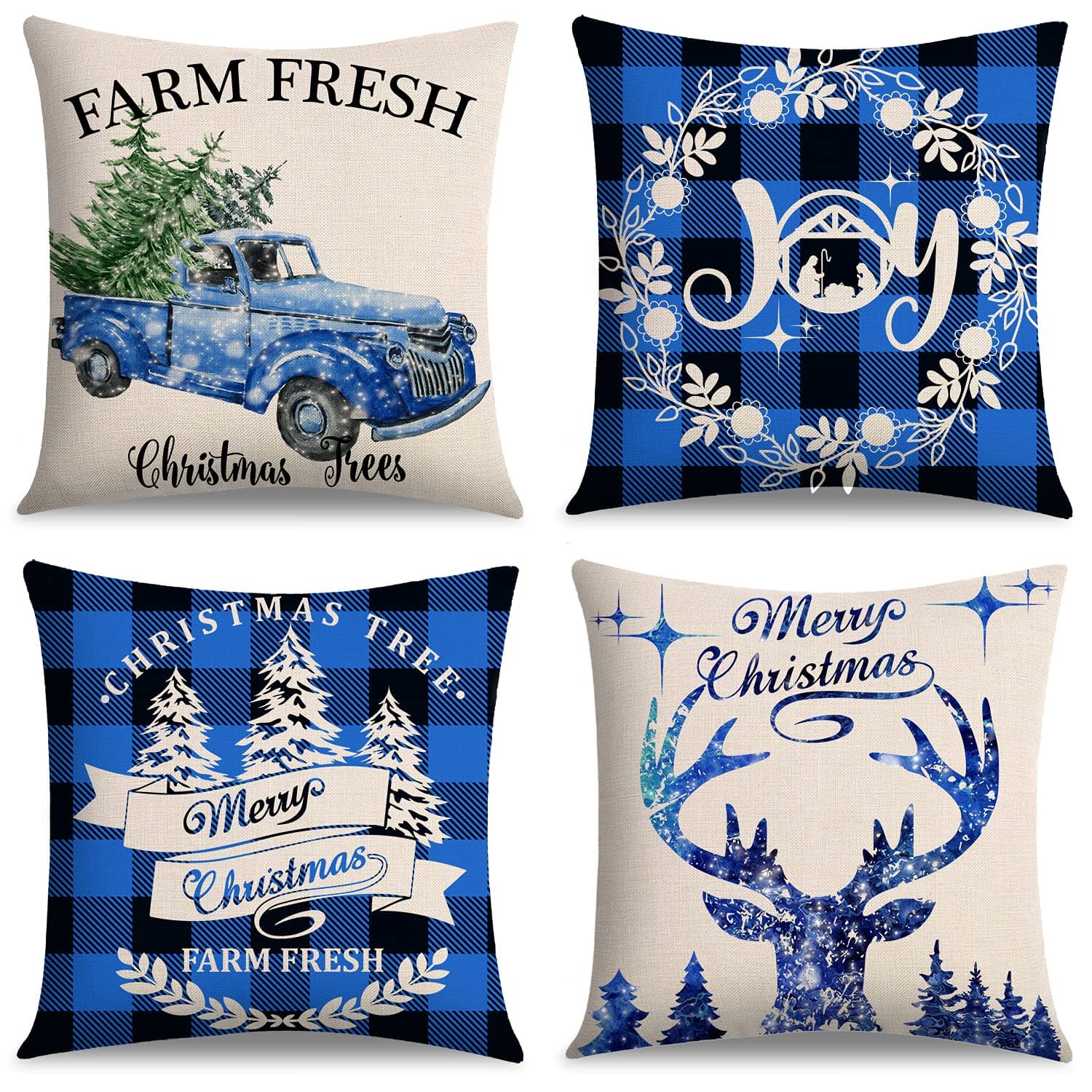 Christmas Throw Pillow Covers-Set of 4,18x18 Snow Flakes Christmas Trees Reindeer Farm House Decorative Square Cushion Cover for Bedroom Sofa Chair-Blue Color