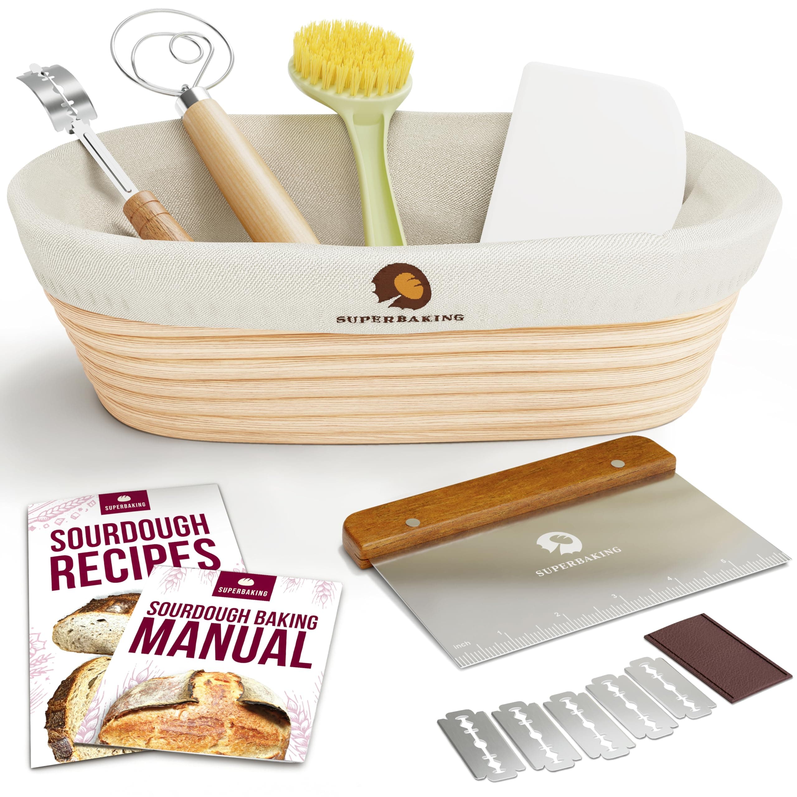 Superbaking Banneton Brotgärkorb-Set, oval, 25,4 cm, Sauerteig-Gärkorb für Brot, Backzubehör, handwerkliches Brot-Set, Geschenke für Bäcker