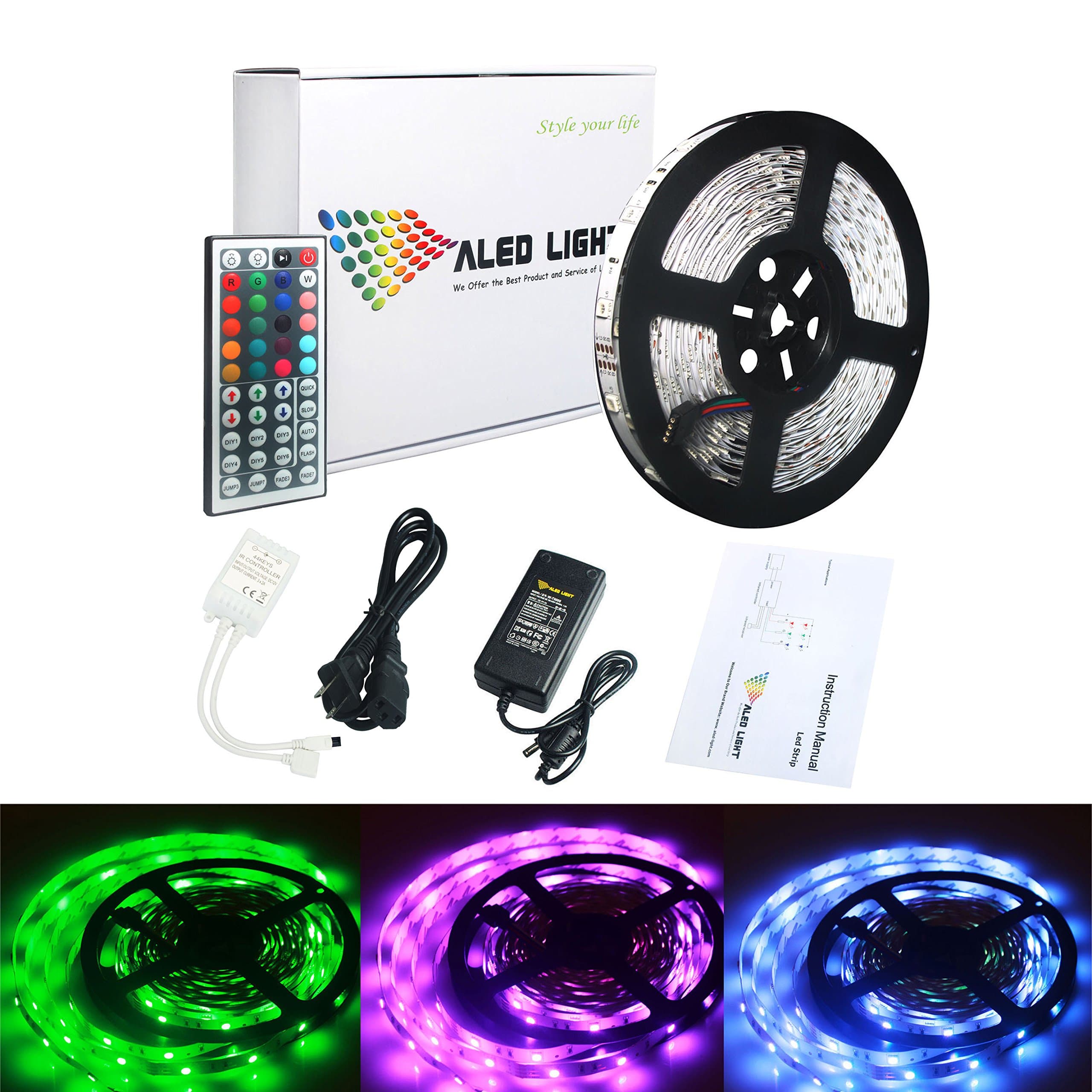 ALED LIGHT LED Strip, 32.8ft 10M SMD 5050 300leds RGB Non-Waterproof Flexible Color Changing LED Strip Light Kit 44Key Remote 24V 3A Power Supply Decorative Light for Christmas Home Party