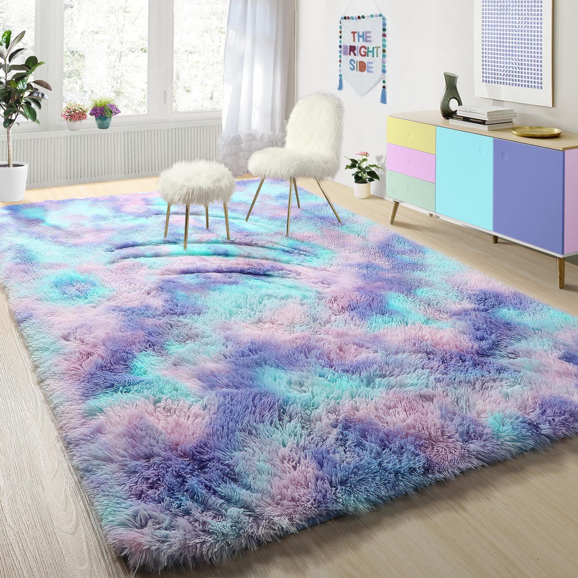 PAGISOFE Cute Furry Pastel Rug for Girls Bedroom, Soft Adorable Rainbow Purple Tent Rugs for Livingroom, Kid Room,Playroom Nursery Home Decor,Plush Mermaid Kawaii Rug Fluffy Carpet 4x6 Area Rug Sturdy