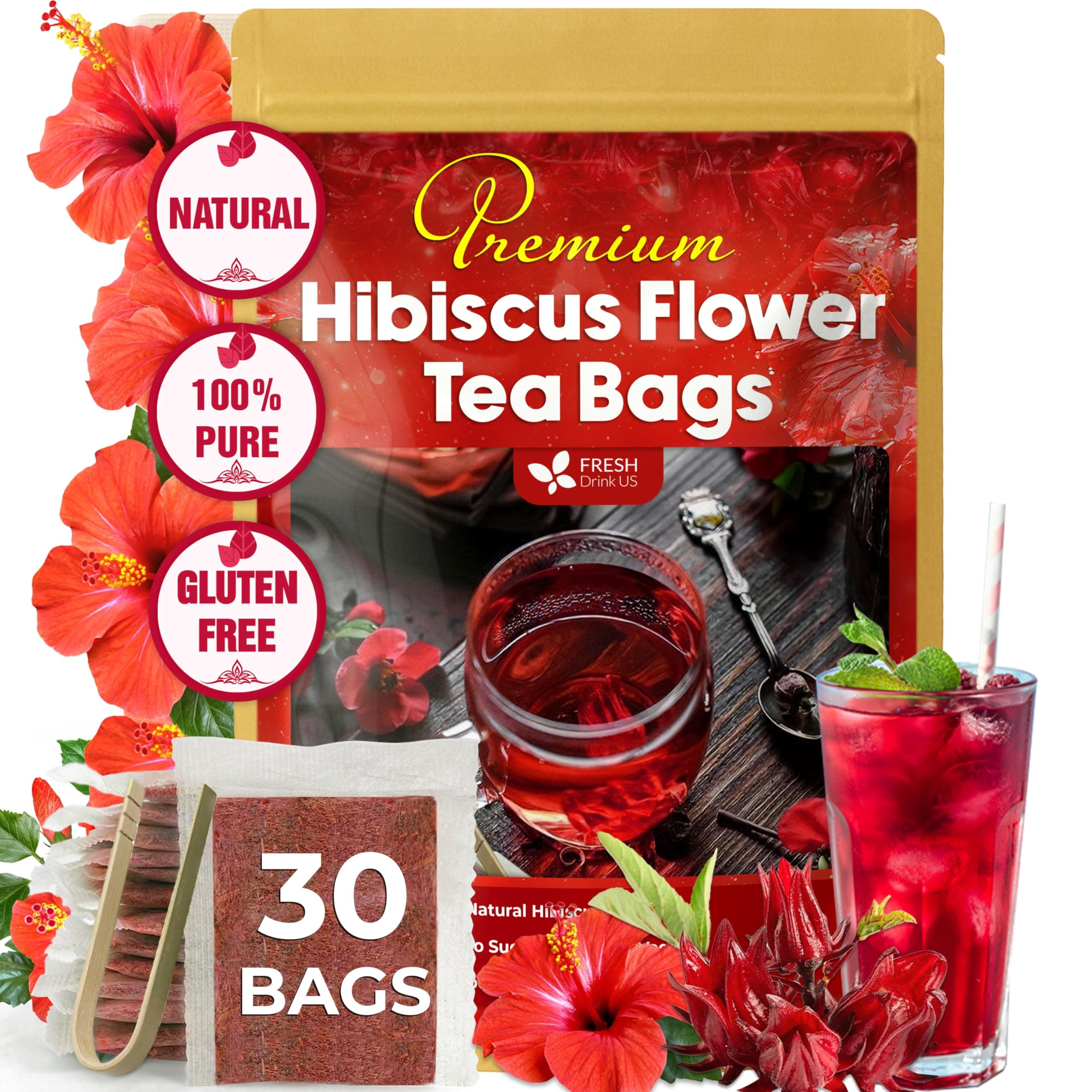 Premium 30 Hibiscus Flowers Tea Bags, 100% Natural & Pure from Hibiscus Flowers. Loose Flower Herbal Tea. No Sugar, No Caffeine, No Gluten, Vegan.