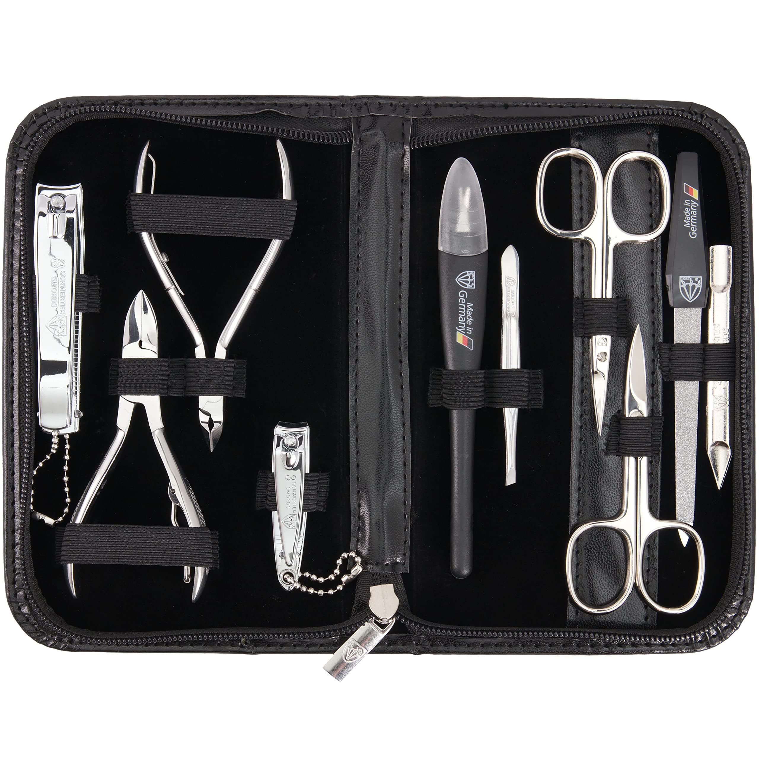 brand quality 10 piece manicure pedicure grooming kit set for professional finger & toe nail care scissors clipper fashion leather case in gift box, Made by 3 Swords (000415)